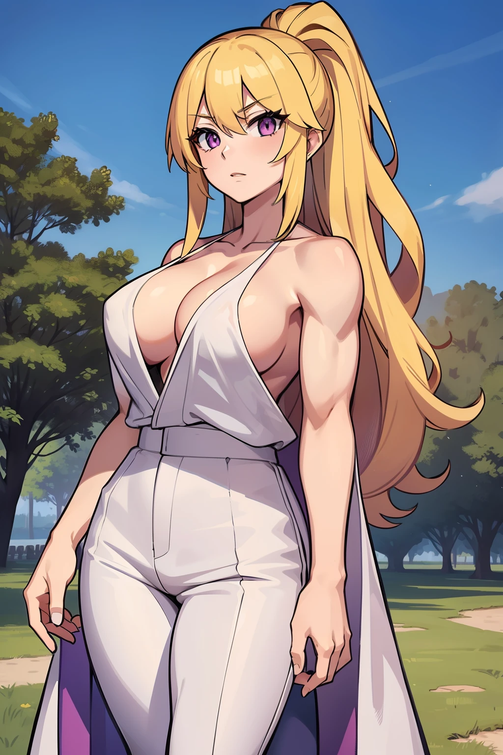 bust art of a anime woman, 1girl, long golden blonde hair, broad shoulders, strong athletic build, (purple eyes), (white bath robe), (grey shirt), (dark pants), park scenery, pokemon woman, 24 years old, tall, big muscles