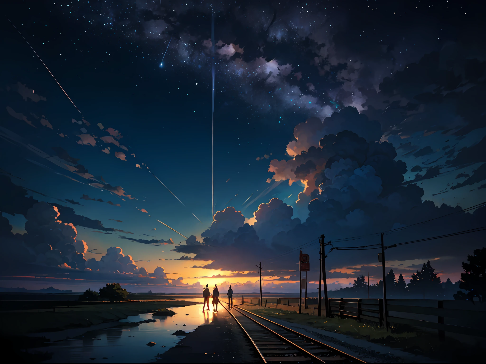 High quality masterpiece, landscape, anime train passing through bodies of water on tracks, bright starry sky. Romantic train, pixiv, concept art, lofi art style, reflection. by Makoto Shinkai, lofi art, Beautiful anime scene, Anime landscape, detailed scenery —width 672, in style of Makoto shinkai, style of Makoto shinkai, enhanced details.