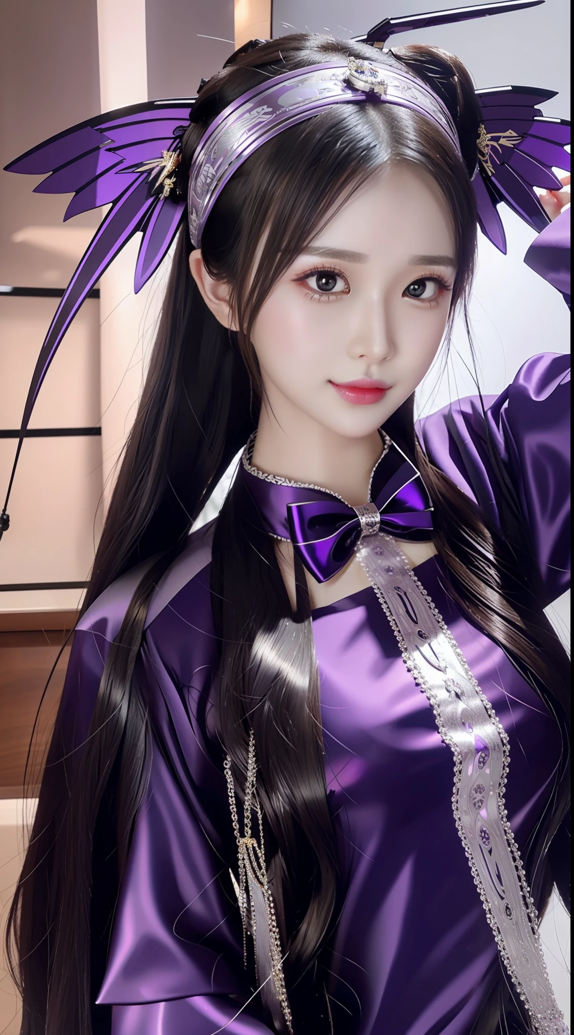 Purple pupils，ninja
Eye details are meticulously depicted，largeeyes，
Metallic glossy robot articulated thin metal wings
Bow hair ornament