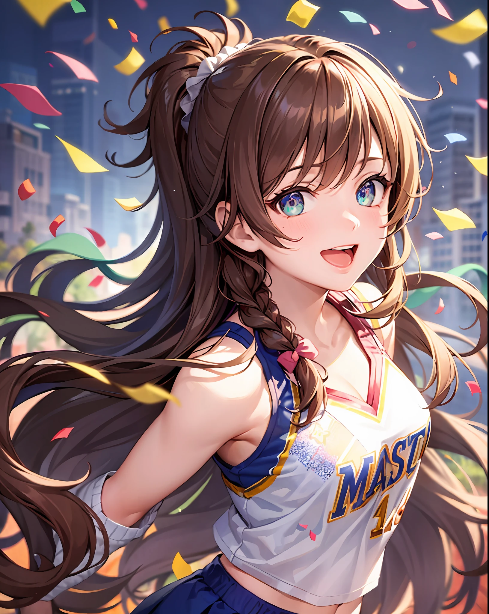 (masterpiece:1.5), illustration, 4k, 8k, (high quality:1.1), highly detailed, detailed face, HDR, vivid colors, natural lighting, pretty eyes, detailed eyes, colorful eyes, beautiful face, 1girl, long hair, messy hair, brown hair, twin braids, scrunchie, hair ornament, cheerleader, sleeveless, t-shirt, pom poms, cheering, standing on the side of a main road, spread arms, ((confetti)), smile, open mouth, establishing shot