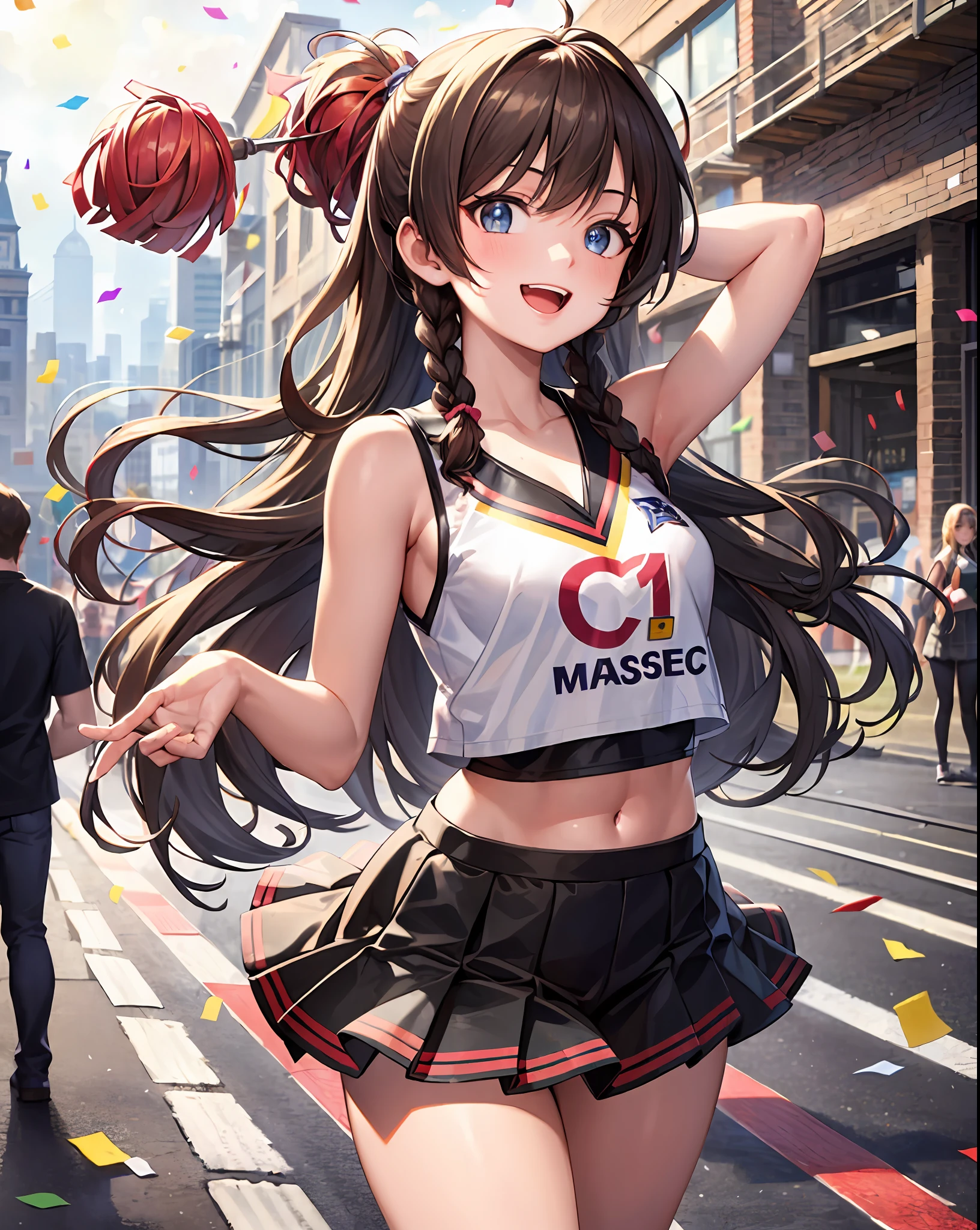 (masterpiece:1.5), illustration, 4k, 8k, (high quality:1.1), highly detailed, detailed face, HDR, vivid colors, natural lighting, pretty eyes, detailed eyes, colorful eyes, beautiful face, 1girl, long hair, messy hair, brown hair, twin braids, scrunchie, hair ornament, cheerleader, sleeveless, t-shirt, pom poms, cheering, standing on the side of a main road, spread arms, ((confetti)), smile, open mouth, establishing shot