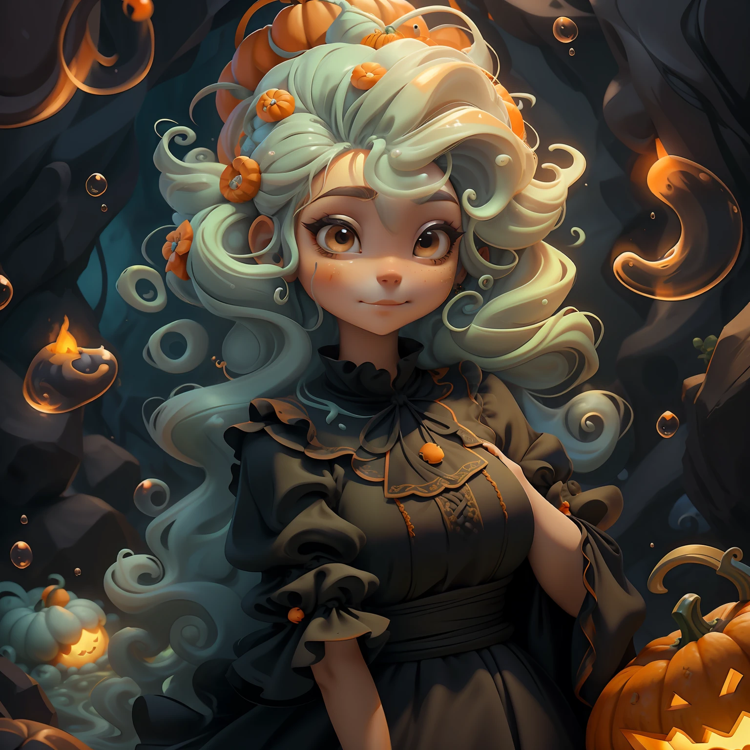 lama, (lama), bruxa, fofa, bubbling cauldron, Slime hair Penteado duplo buns estilo de cabelo, Orange Pumpkin, Vestido branco da princesa com cinto da arma, master part, best quality