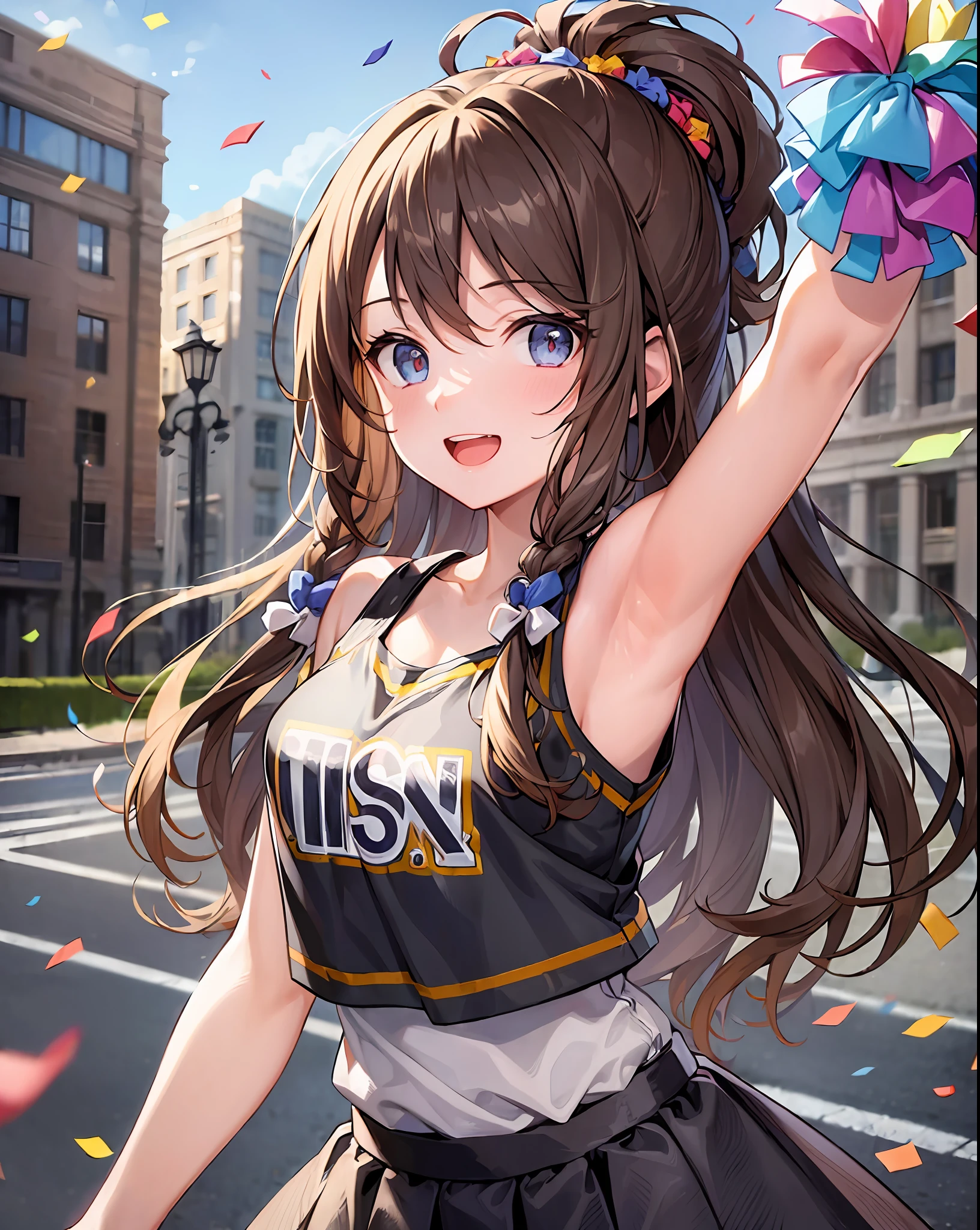 (masterpiece:1.5), illustration, 4k, 8k, (high quality:1.1), highly detailed, detailed face, HDR, vivid colors, natural lighting, pretty eyes, detailed eyes, colorful eyes, beautiful face, 1girl, long hair, messy hair, brown hair, twin braids, scrunchie, hair ornament, cheerleader, sleeveless, t-shirt, pom poms, cheering, standing on the side of a main road, spread arms, ((confetti)), smile, open mouth, establishing shot