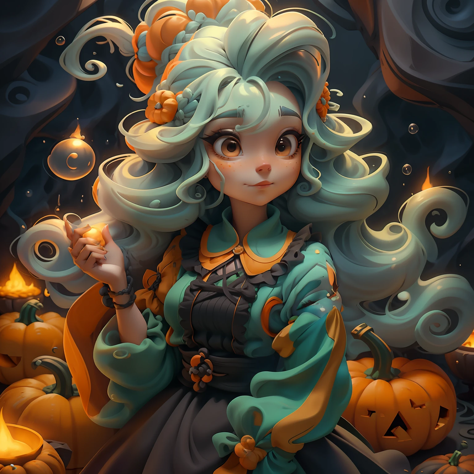 menina lama, (lama), bruxa, fofa, bubbling cauldron, Slime hair Penteado duplo buns estilo de cabelo, Orange Pumpkin, Vestido branco da princesa com cinto da arma, master part, best quality