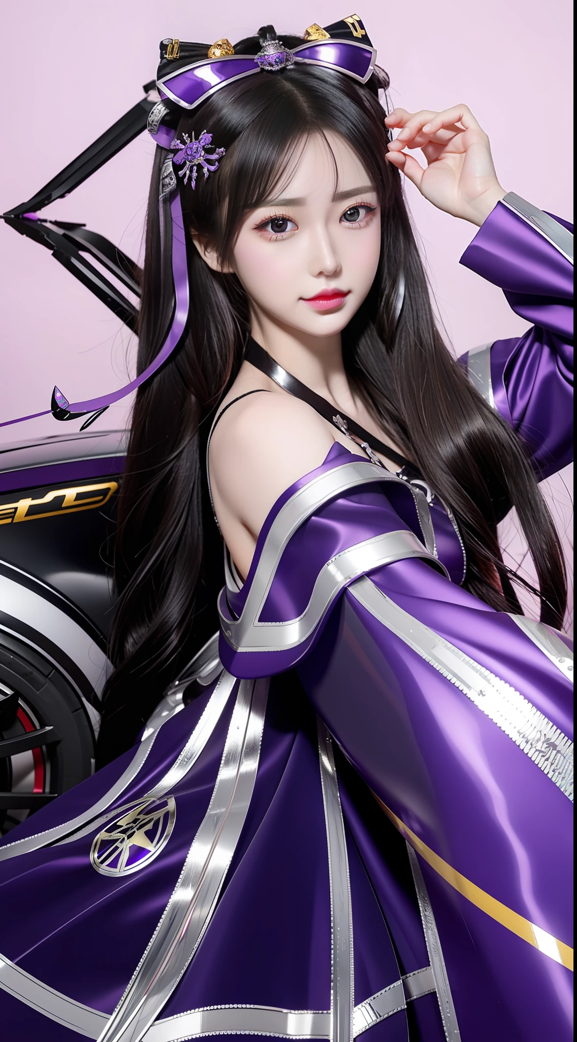 Purple pupils,ninja
Eye details are meticulously depicted,largeeyes,
Metallic glossy robot articulated thin metal wings
Bow hair ornament