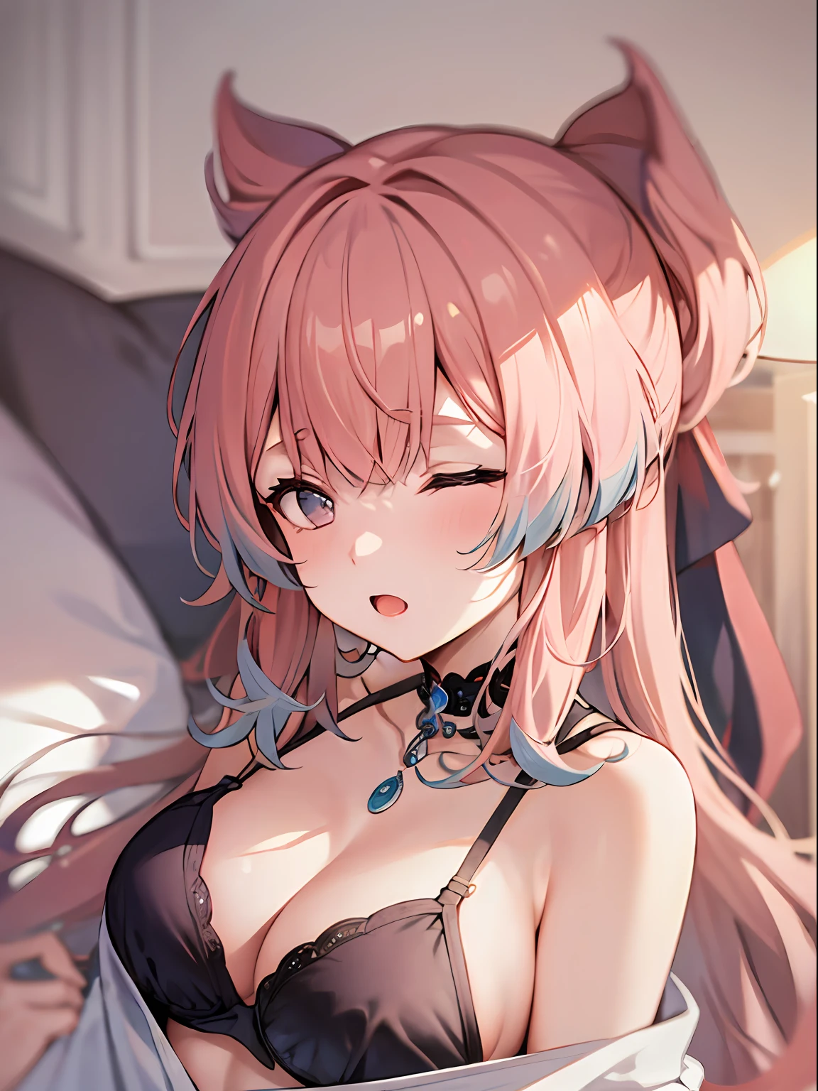 Best quality, masterpiece, ultra high res, 1girl yawning sleep in bed, pink hair, black bra, bitch, micro bikini, in bad, white T-shirt