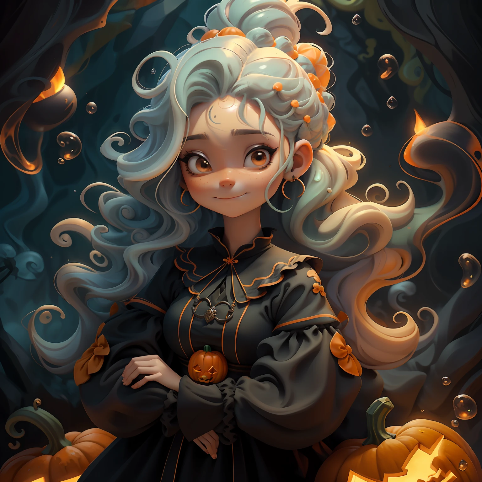 menina lama, (lama), bruxa, fofa, bubbling cauldron, Slime hair Penteado duplo buns estilo de cabelo, Orange Pumpkin, Vestido branco da princesa com cinto da arma, master part, best quality
