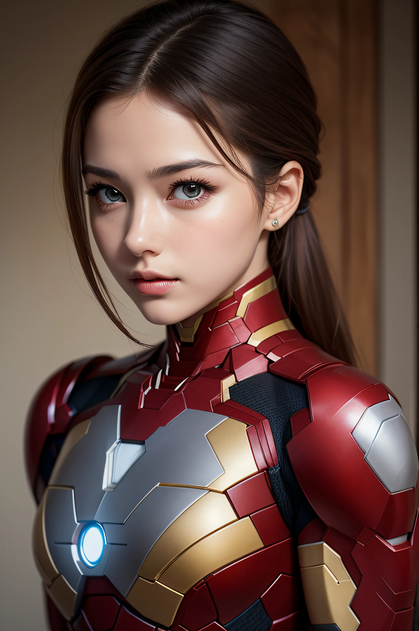 best quality, masterpiece, (realistic:1.2), 1 girl, brown hair, brown eyes, Front, detailed face, beautiful eyes, black and red color iron-man suit