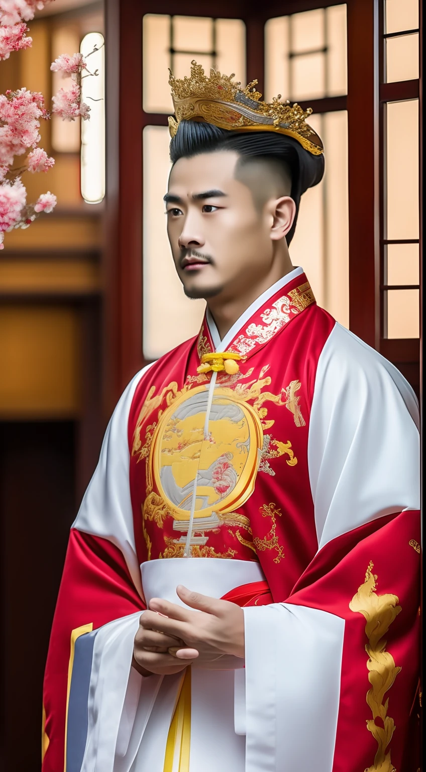 Masterpiece, Highest quality, (solofocus),, (High detail: 1.1),dojo,Red and yellow robes,The male, Man, chinese crown, 1人,and white hair,超高分辨率 , Detailed background, realisticlying, wearing a detailed and intricate xianxia antique outfit