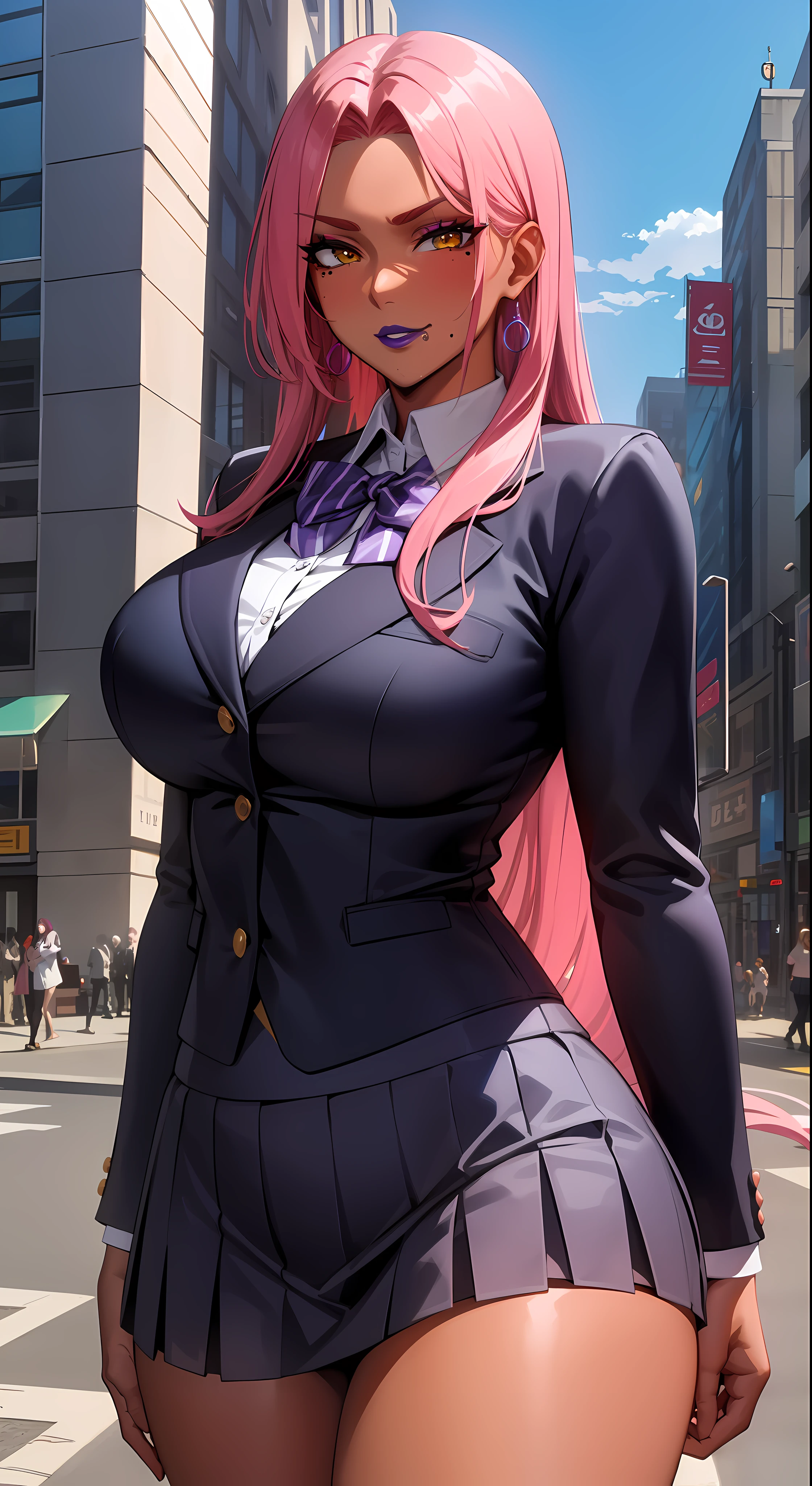 (masterpiece, highres, best quality:1.3), 8K, highly detailed, intricate, colorful, vibrant image, sharp focus, digital blending, 4K, trending on pixiv Ingrid, ((school uniform)), solo, mature female, 40yo, milf, curvy, (dark skinned female:1.15), dark skin, posing, sunny weather, blue sky, skyscrapers, (smug look:1.2), looking at viewer, cowboy shot, pink hair, very long hair, forehead, hair intakes, purple lipstick, makeup, mole under mouth, yellow eyes, perfect eyes, perfect face, ultra detailed hair, ultra detailed face, earrings, ultra detailed lips, large breasts, ultra detailed lipstick