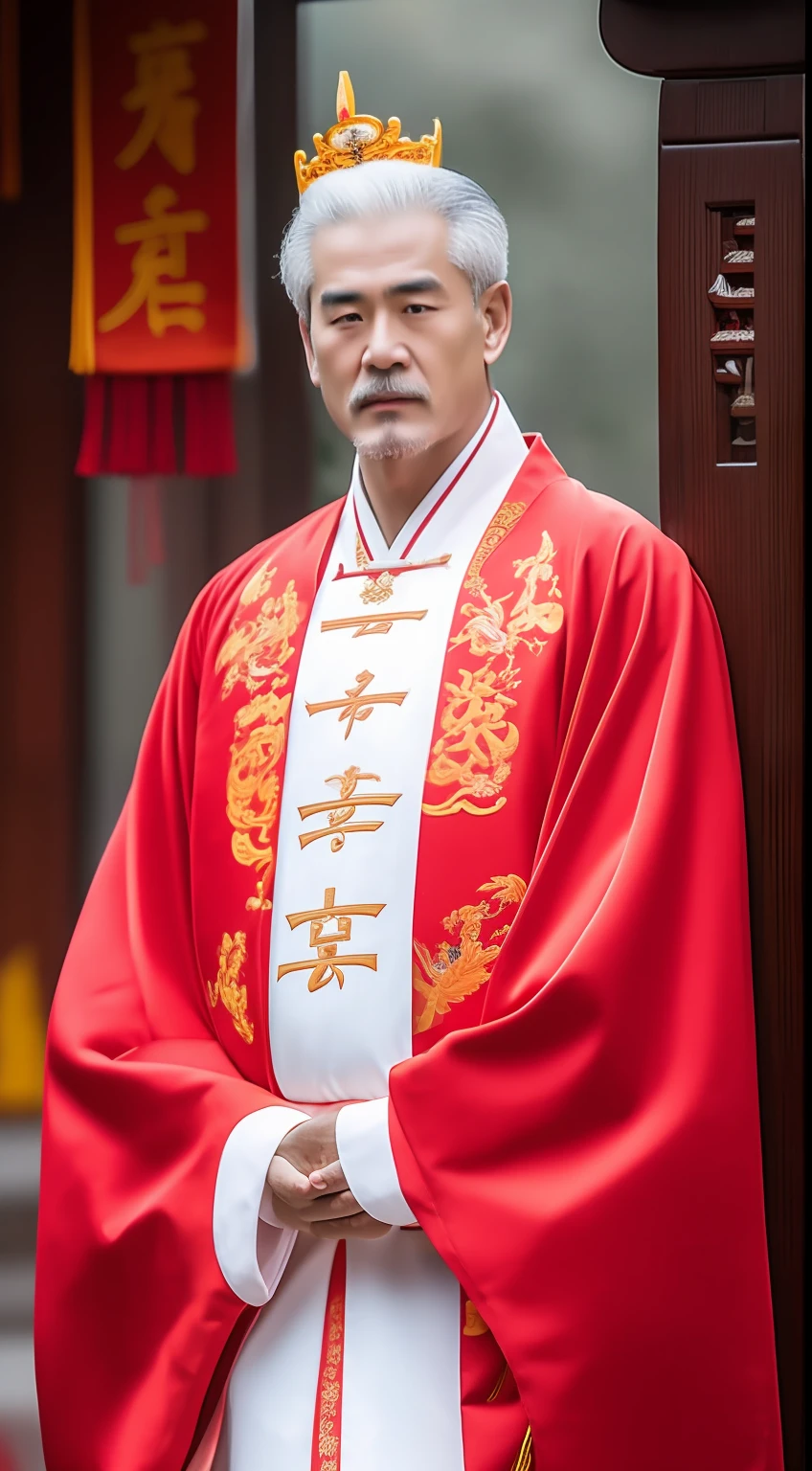 Masterpiece, Highest quality, (solofocus),, (High detail: 1.1),dojo,Red and yellow robes,The male, Man, chinese crown, 1人,and white hair,超高分辨率 , Detailed background, realisticlying, wearing a detailed and intricate xianxia antique outfit