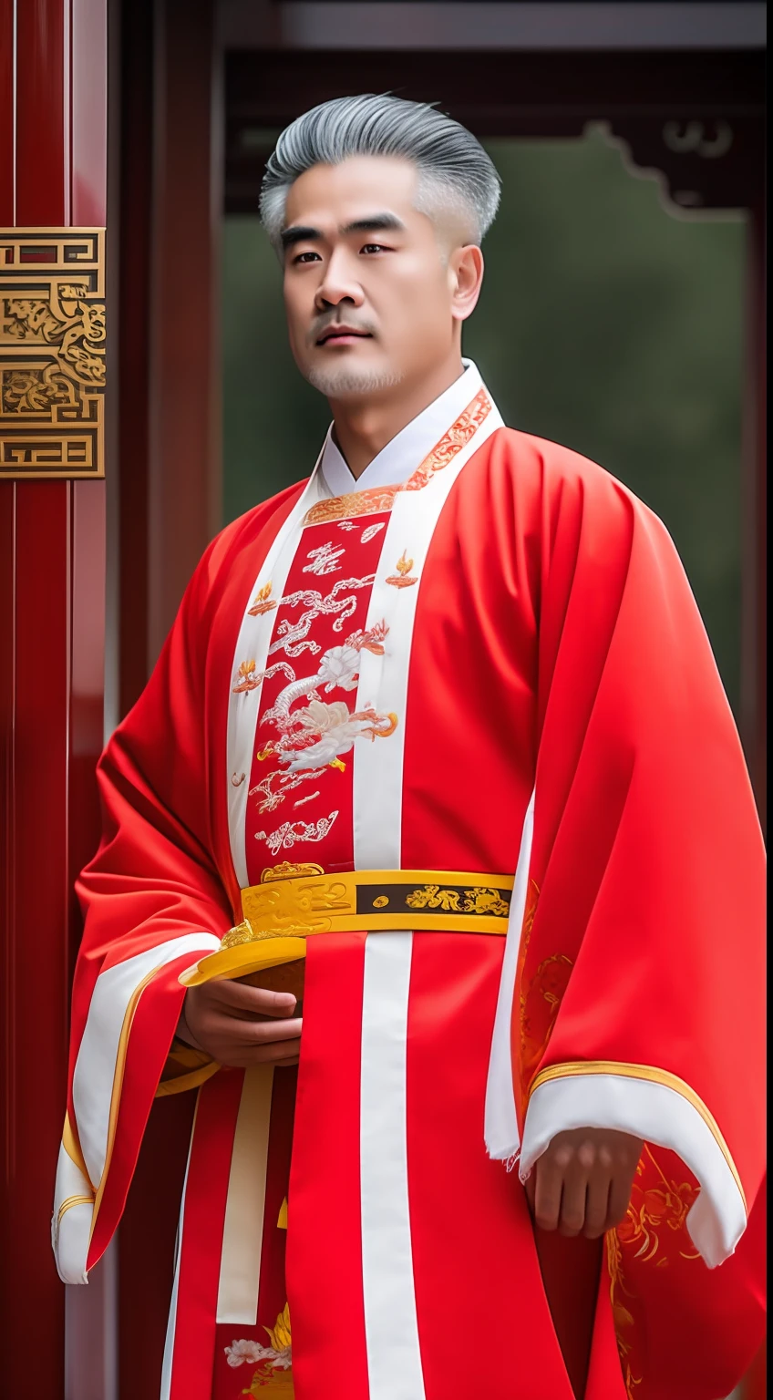 Masterpiece, Highest quality, (solofocus),, (High detail: 1.1),dojo，Red and yellow robes，The male， Man, chinese crown, 1人,and white hair,超高分辨率 , Detailed background, realisticlying, wearing a detailed and intricate xianxia antique outfit