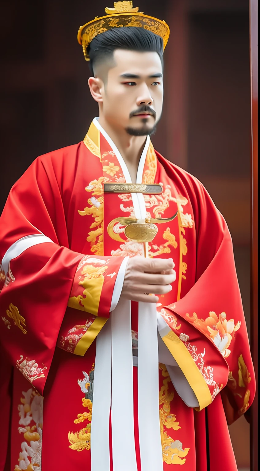 Masterpiece, Highest quality, (solofocus),, (High detail: 1.1),dojo,Red and yellow robes,The male, Man, chinese crown, 1人,and white hair,超高分辨率 , Detailed background, realisticlying, wearing a detailed and intricate xianxia antique outfit