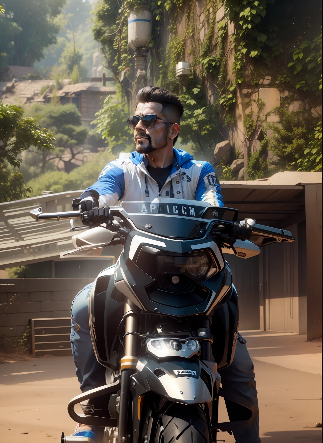 Sports bike, realistic,8k,3d,Indian, sunglasses, haircut