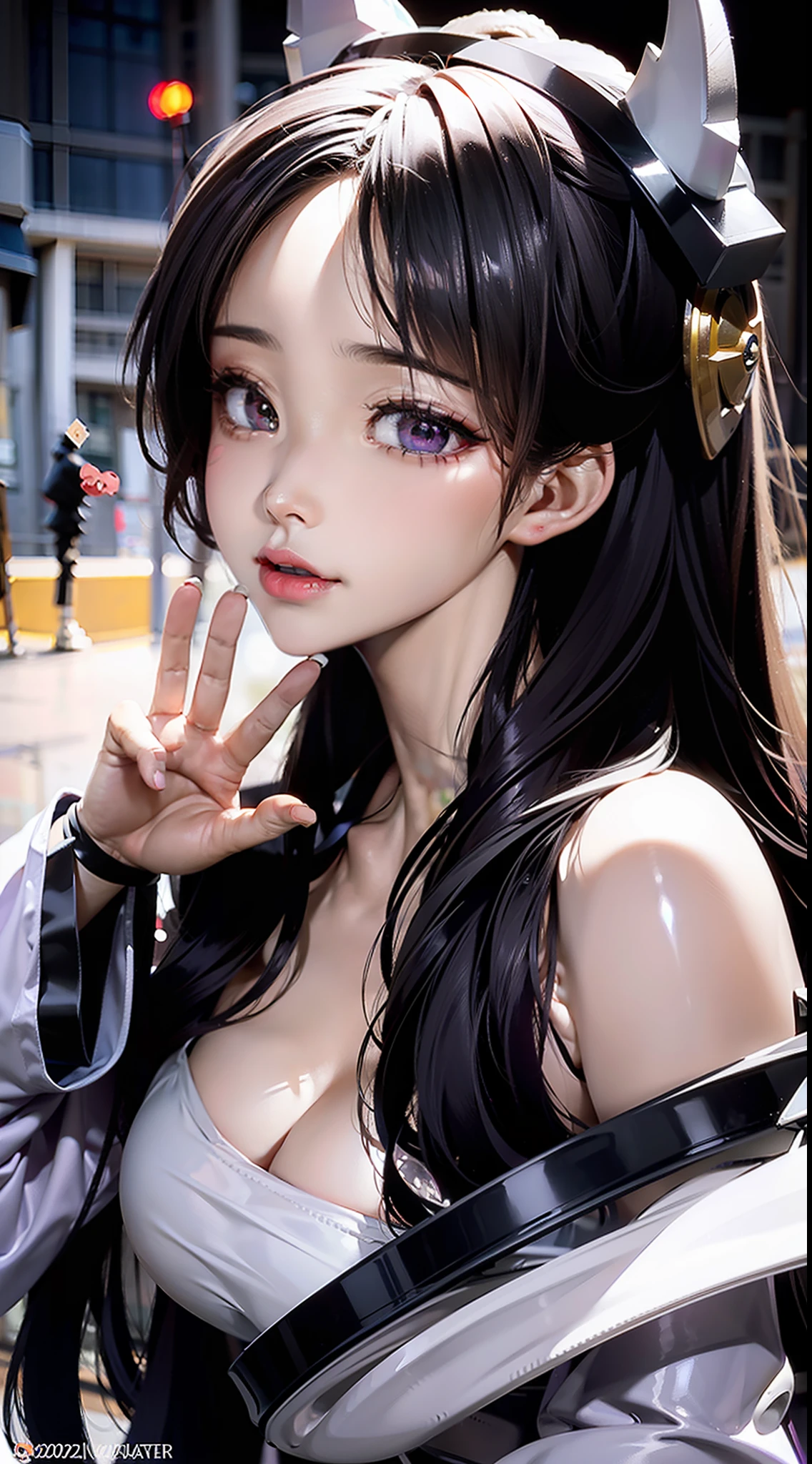 Purple pupils,ninja
Eye details are meticulously depicted,largeeyes,
Metallic glossy robot articulated thin metal wings
Bow hair ornament
