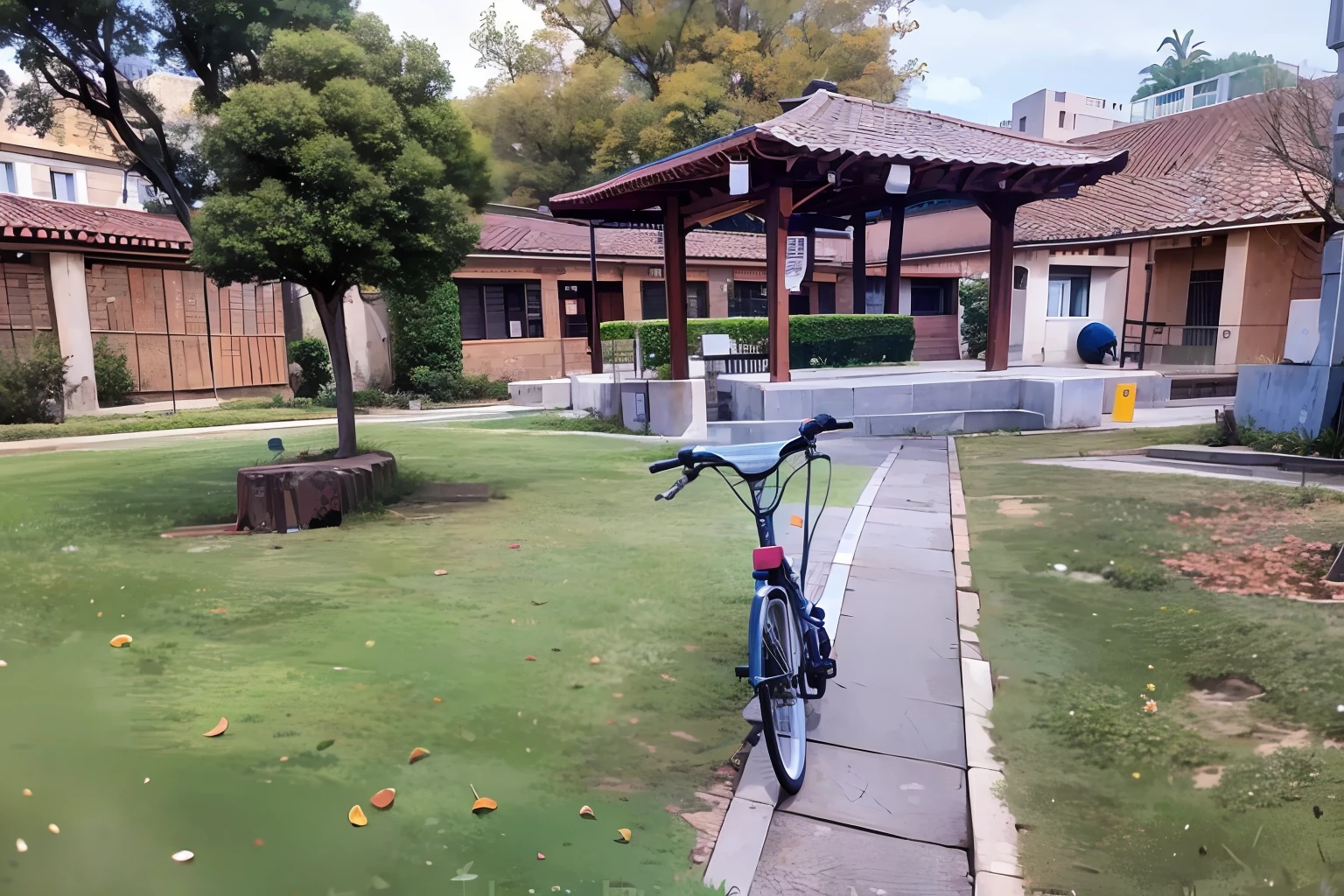 There is a bicycle parked on the grass near a building, school courtyard, Outside, bicicleta no fundo, Casa colonial no fundo, Ambiente tranquilo, vista frontal, imagem frontal, com um parque nos fundos, gazebo em segundo plano, Assumido em Go Pro Hero8, Arredores exuberantes, college, Directed by: David Rubi, against the backdrop of trees