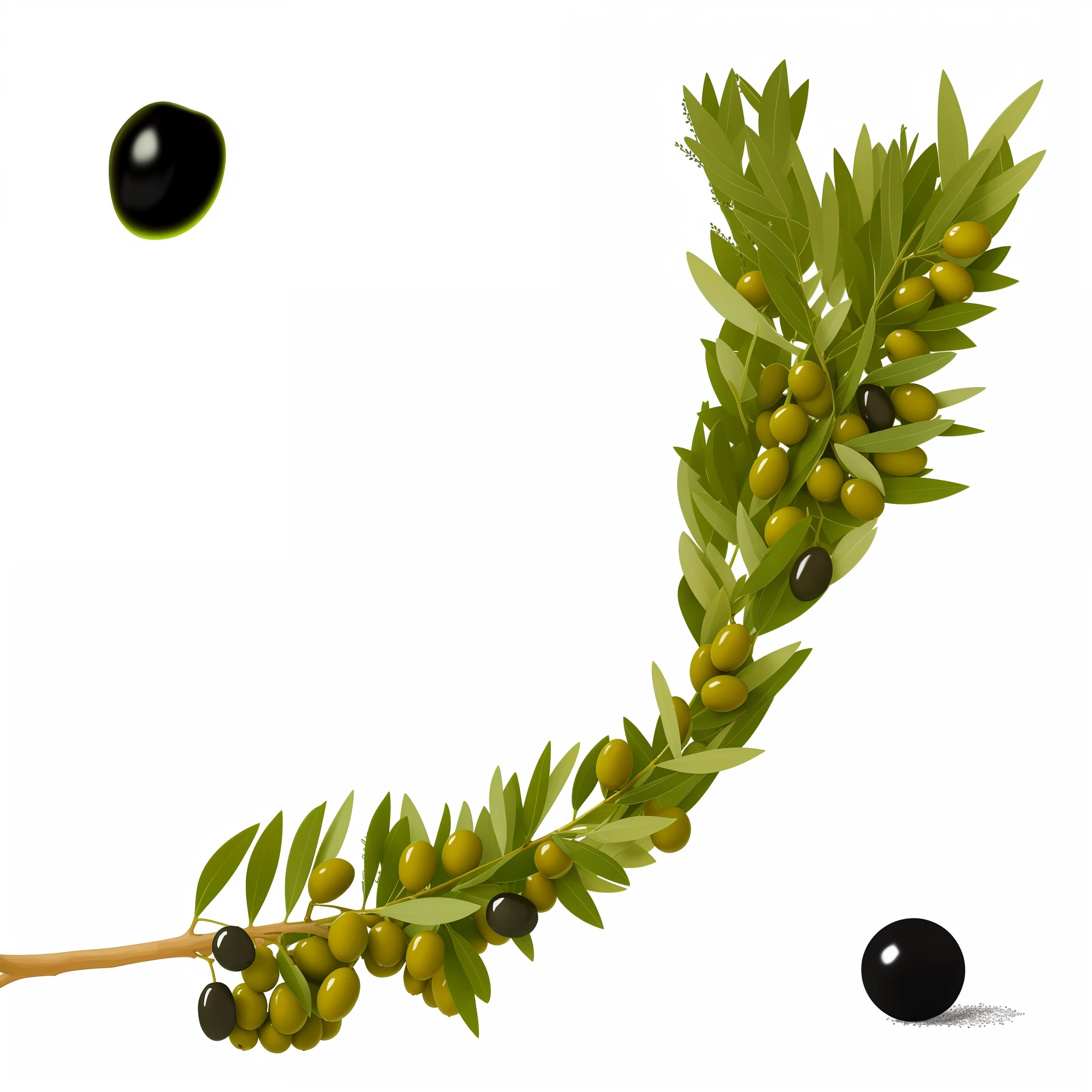 there is a branch of olives with green leaves and black balls, olives, digitally painted, olive, an illustration, an illustration of, very coherent image, illustration, ocatane render, in laurel wreath, made with photoshop, official photo, photorealistic illustration