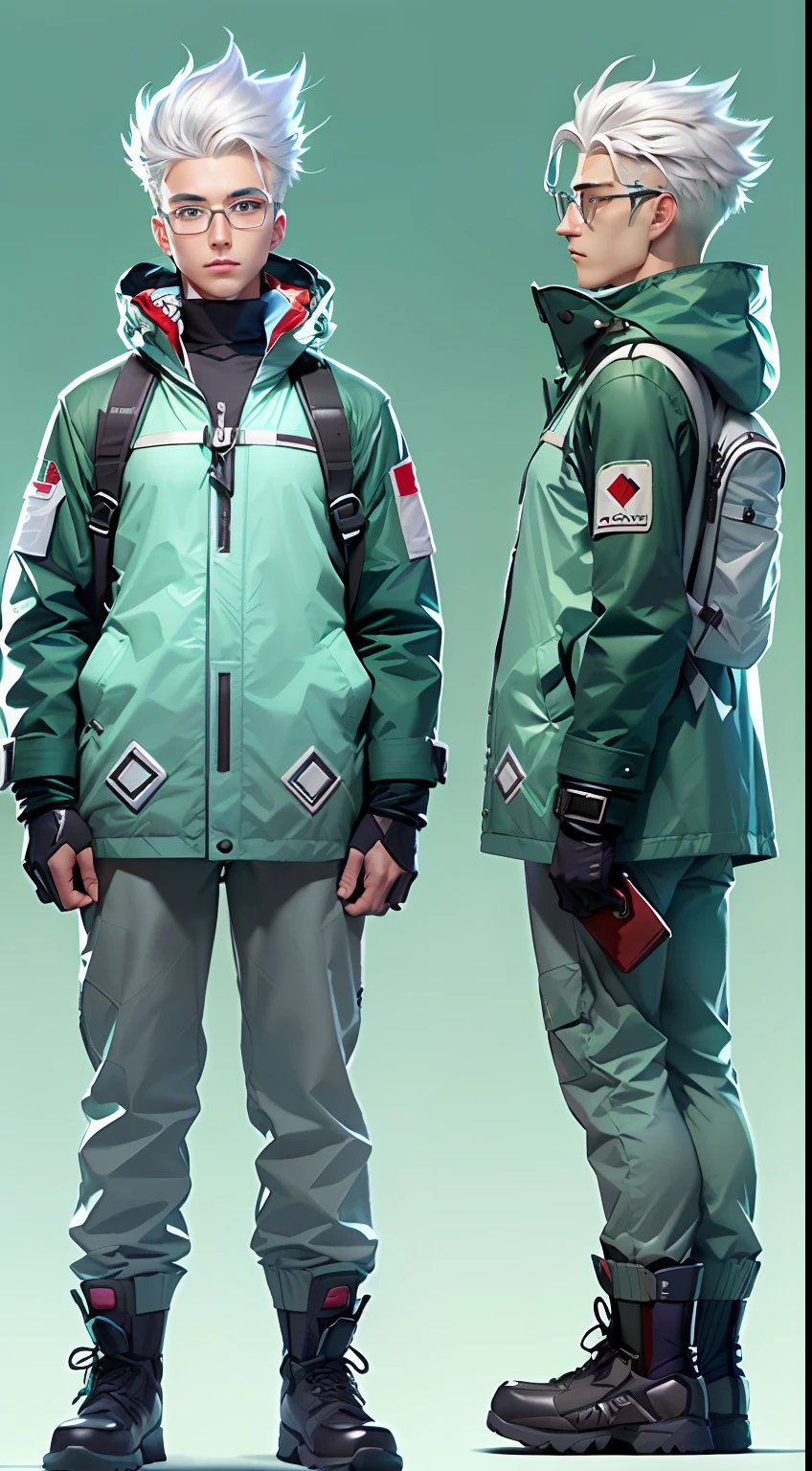 (Character: one man, (20 years old), platinum hair, clean-shaven, slim body)
(Clothing: mint green explorer coat, glasses, explorer backpack boots)
(Pose: full body shot:1.7, dynamic pose, perfect face, detailed face)
(simple background)