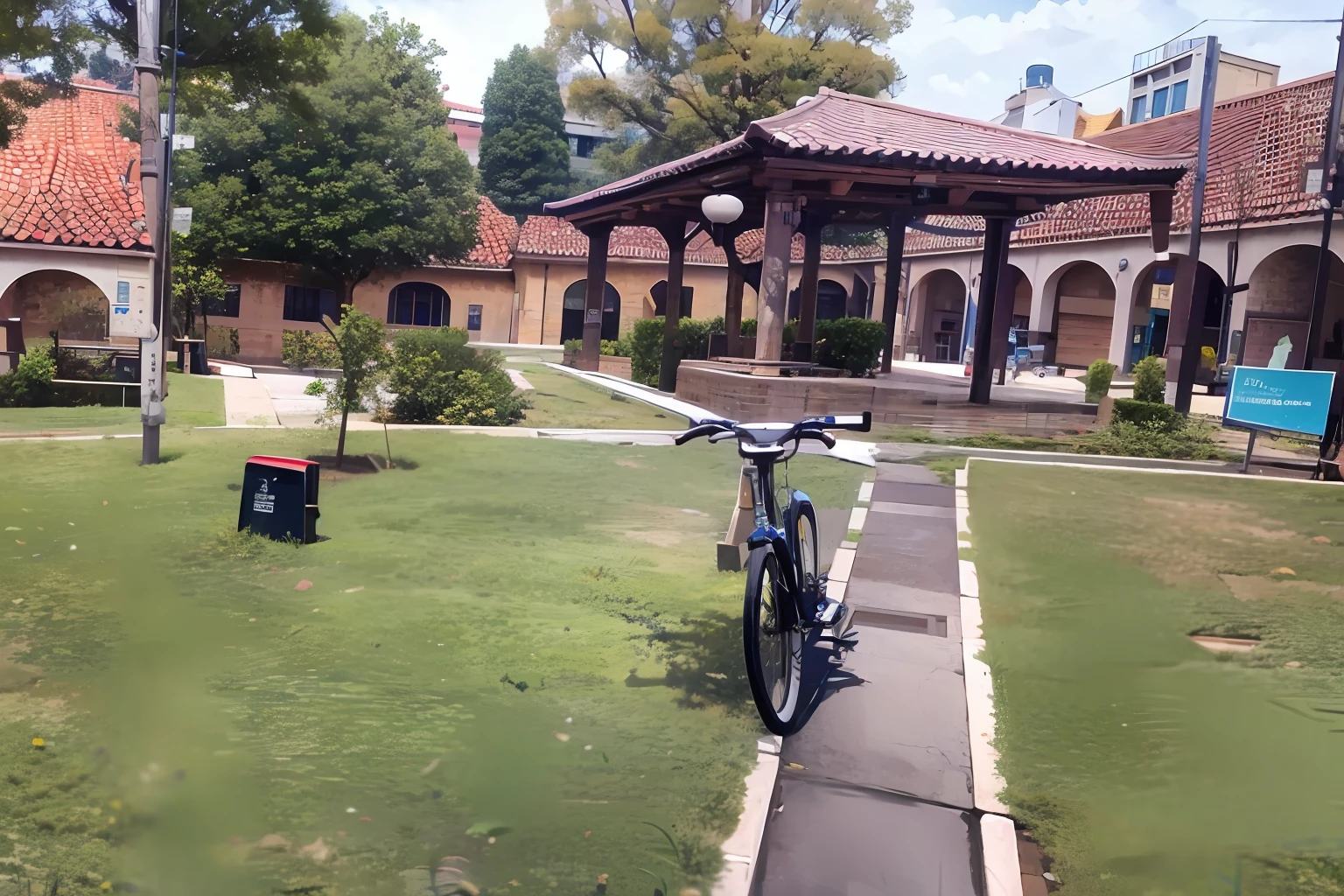 There is a bicycle parked on the grass near a building, school courtyard, Outside, bicicleta no fundo, Casa colonial no fundo, Ambiente tranquilo, vista frontal, imagem frontal, com um parque nos fundos, gazebo em segundo plano, Assumido em Go Pro Hero8, Arredores exuberantes, college, Directed by: David Rubi, against the backdrop of trees