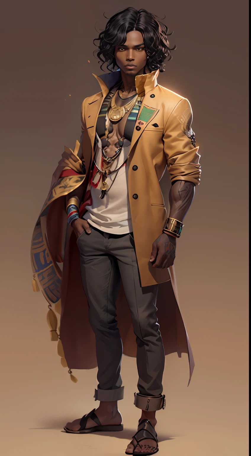 (Character: one man, black skin, black medium wavy hair)
(Clothing: brown coat, egyptian amulets, egyptian tattoos)
(Pose: full body shot:1.7, dynamic pose, perfect proportions, detailed face)
(simple background)