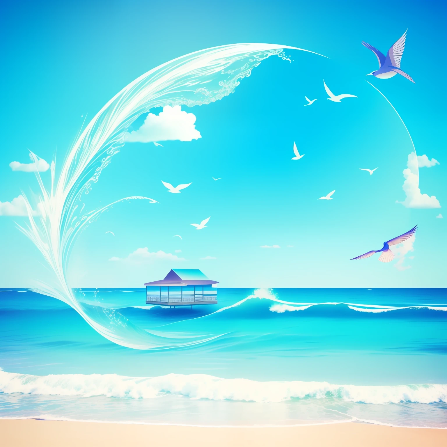 there is a picture of a picture of a beach with a bird on it, vaporwave surreal ocean, surreal digital art, abstract surrealism, beautiful glitch art dream, portal to another dimension, surreal water art, mind-bending digital art, surreal scene, surreal art, illusion surreal art, surreal composition, in a surreal dream landscape, beach surreal photography, portal to another world
