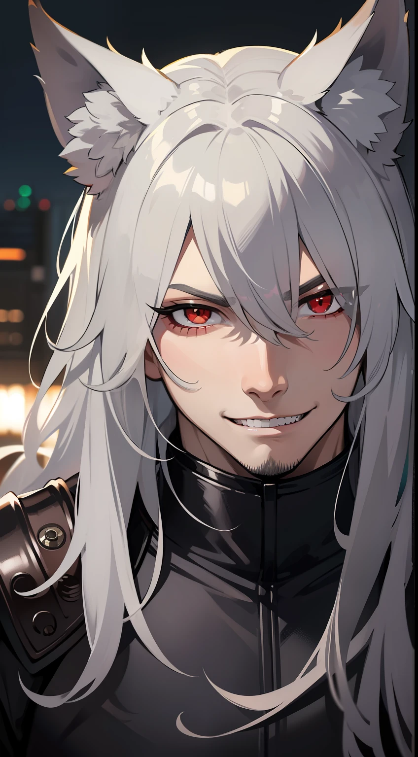 Young guy, long gray hair, red-eyes, brawn, Wolf Ears, werewolf, Leather armor, smirk, Masterpiece, hiquality