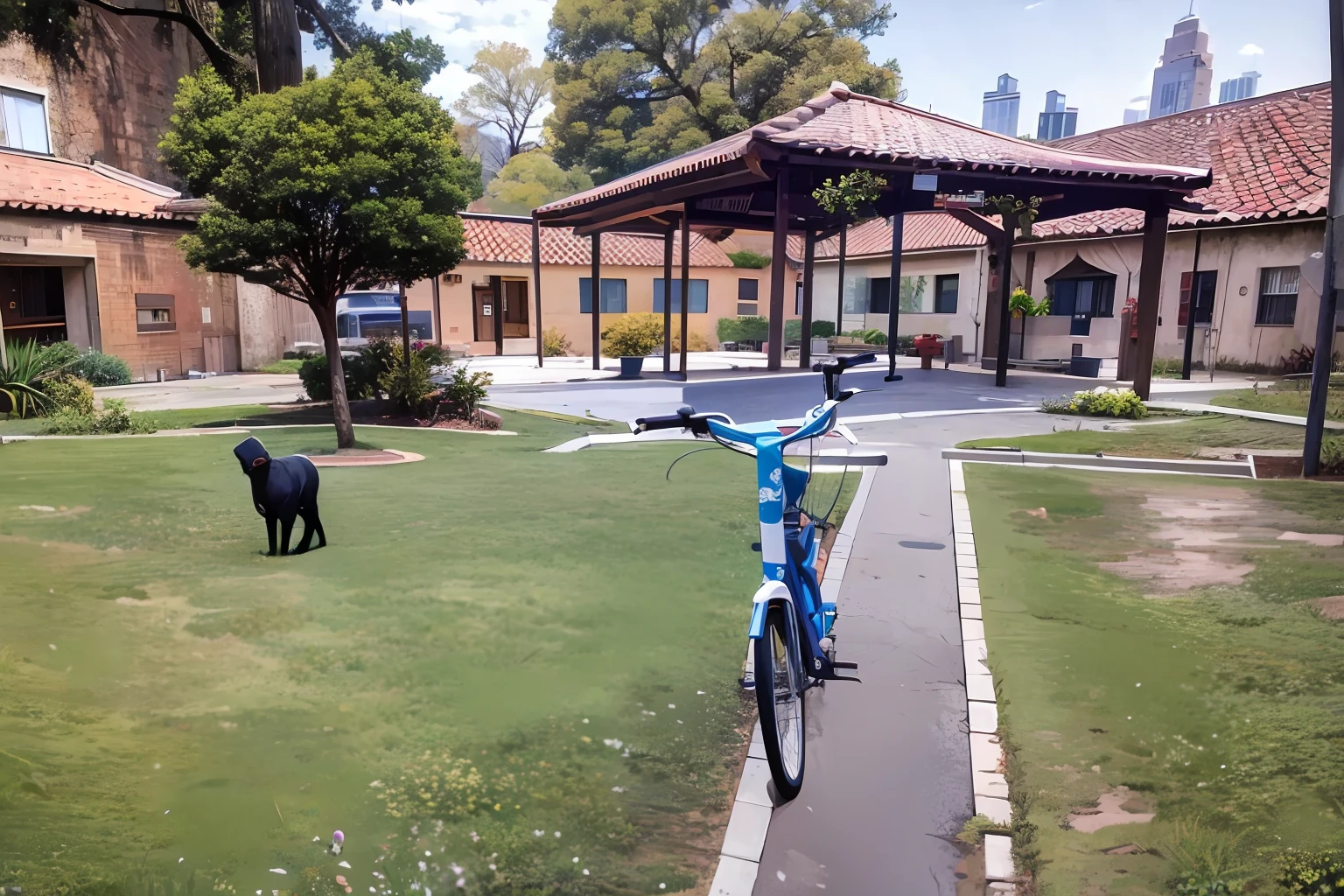 There is a bicycle parked on the grass near a building, school courtyard, Outside, bicicleta no fundo, Casa colonial no fundo, Ambiente tranquilo, vista frontal, imagem frontal, com um parque nos fundos, gazebo em segundo plano, Assumido em Go Pro Hero8, Arredores exuberantes, college, Directed by: David Rubi, against the backdrop of trees