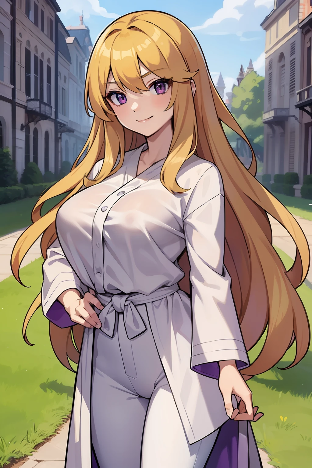 bust art of a anime woman, 1girl, long golden blonde hair, broad shoulders, strong athletic build, (purple eyes), (white bath robe), (grey shirt), (dark pants), park scenery, pokemon woman, 24 years old, tall, big muscles, smiling