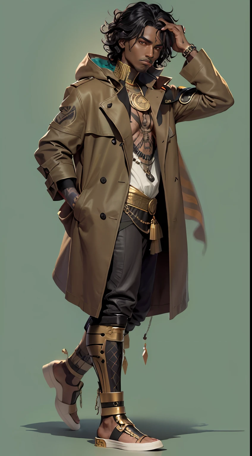 (Character: one man, black skin, black medium wavy hair)
(Clothing: brown coat, egyptian amulets, egyptian tattoos)
(Pose: full body shot:1.7, dynamic pose)
(simple background)