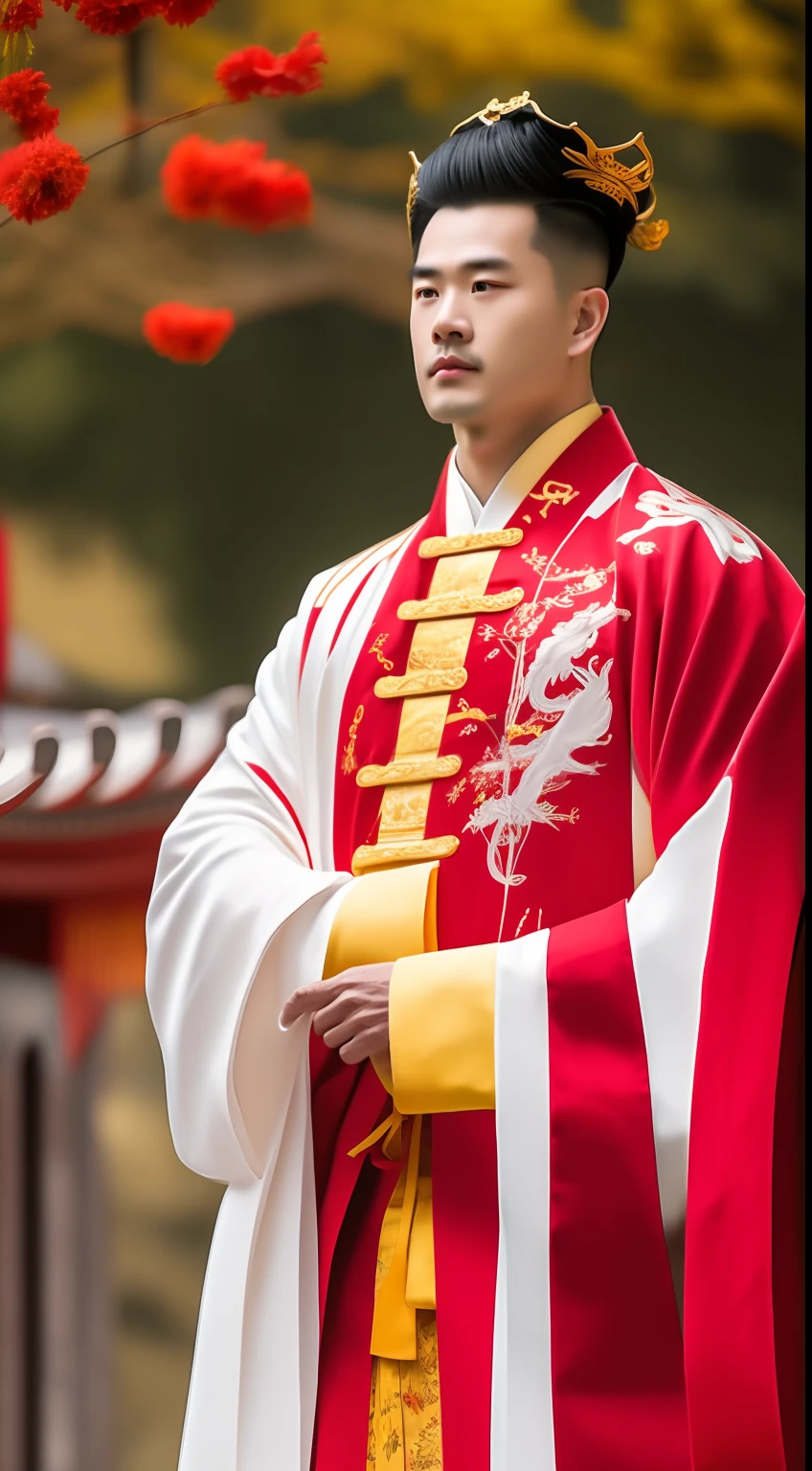 Masterpiece, Highest quality, (solofocus),, (High detail: 1.1),dojo，Red and yellow robes，The male， Man, chinese crown, 1人,and white hair,超高分辨率 , Detailed background, realisticlying, wearing a detailed and intricate xianxia antique outfit