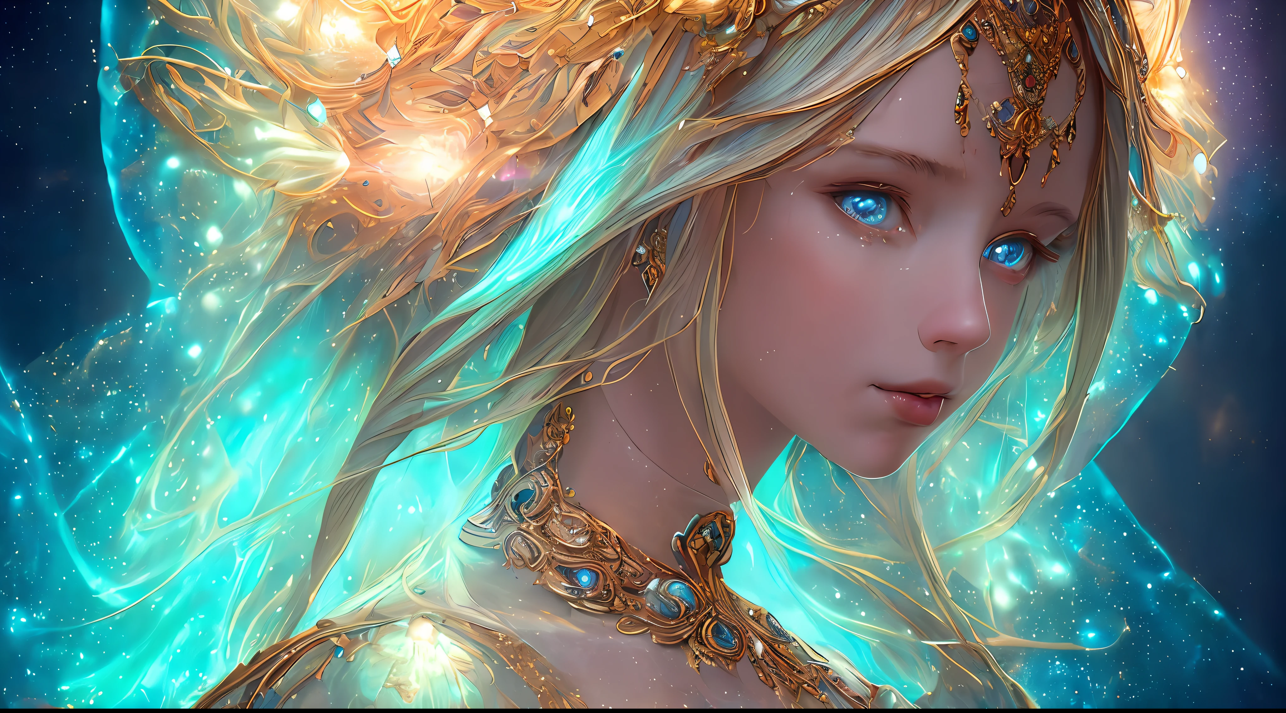 ((best quality)), ((masterpiece)), ((realistic)), portrait,
1girl, celestial, deity, goddess, light particles, halo, looking at viewer,
(bioluminescent:0.95) ocean, bioluminescent, vibrant, colourful, color, (glowing, glow),
(beautiful composition), cinematic lighting, intricate, (symmetrical:0.5), whimsical,