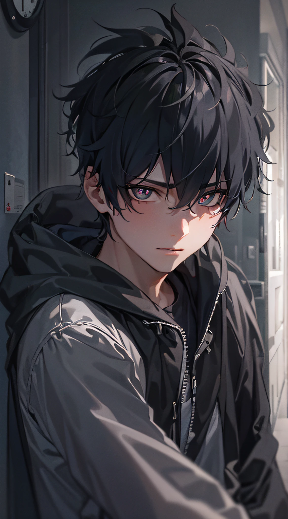 A 20-year-old boy,black color hair,Black pupils,Inside the corridor,front portrait,8K