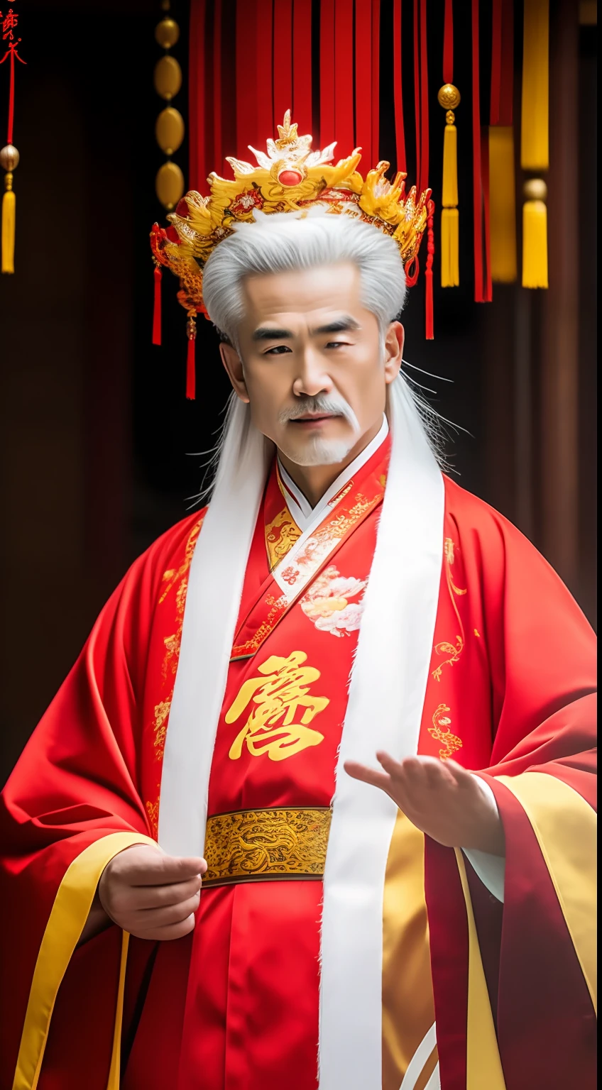 Masterpiece, Highest quality, (solofocus),, (High detail: 1.1),dojo，Red and yellow robes，The male， Man, chinese crown, 1人,and white hair,超高分辨率 , Detailed background, realisticlying, wearing a detailed and intricate xianxia antique outfit