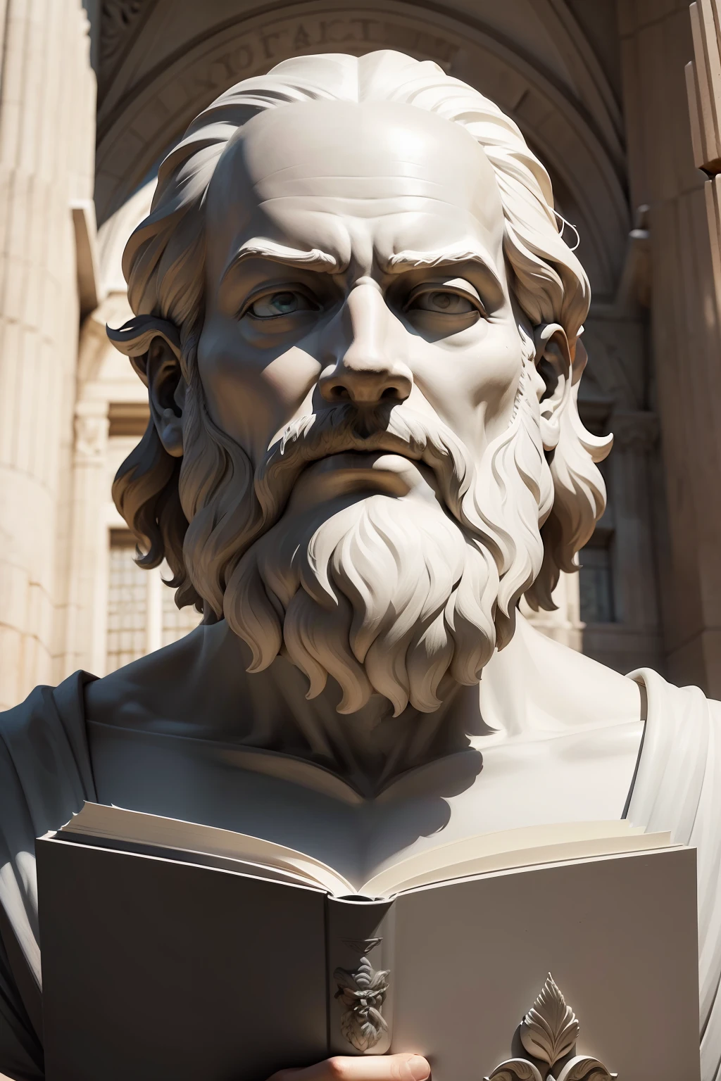 Socrates, the Philosopher of Wisdom:
In this imposing statue, Socrates is represented in a serene and reflective posture. his eyes are deep-set, reflecting the relentless search for truth and wisdom. The beard and well-groomed hair reveal a man who dedicated his life to the pursuit of knowledge and constant questioning. His hands rest on an open book, symbolizing your dedication to study and sharing your knowledge with others. The statue is carved in gray stone, reflecting the solidity of his philosophical convictions and the lasting impact of his ideas on the world.