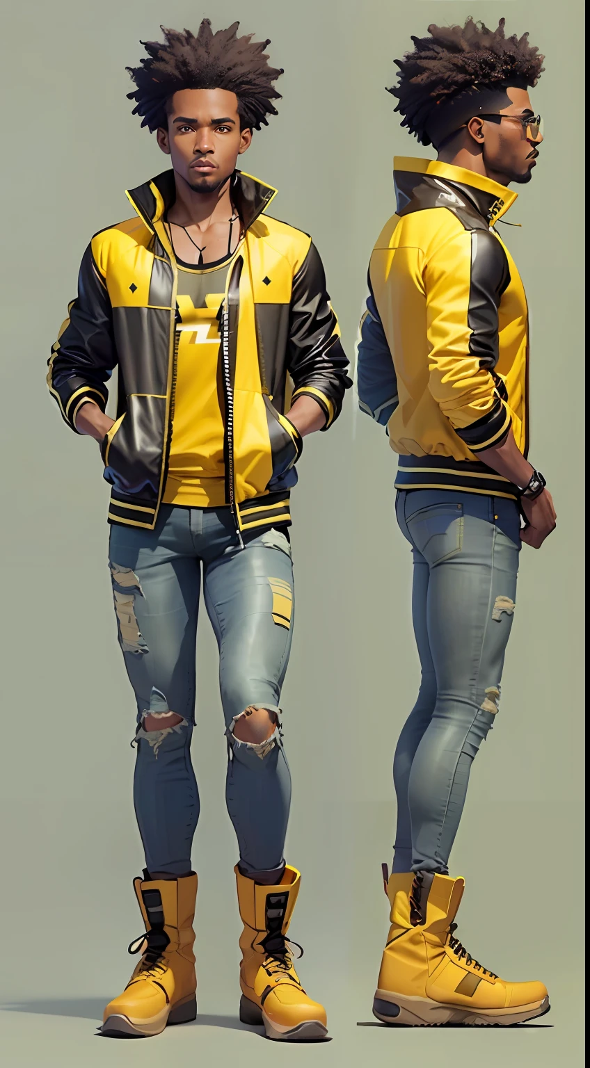 (Character: one afro-american man, military, black short hair, (athletic body))
(Clothing: yellow jacket, shirt, jeans, boots)
(Pose: full body shot:1.7, dynamic pose, perfect proportions, detailed face)
(simple background)