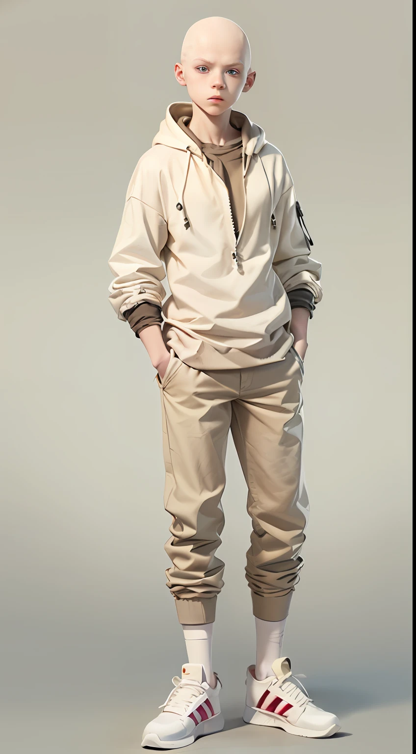 (Character: one albino boy (13 years old), shaved hair, bald, scars, lean body)
(Clothing: beige straightjacket, baige pants)
(Pose: full body shot:1.7, dynamic pose, perfect proportions, detailed face)
(simple background)