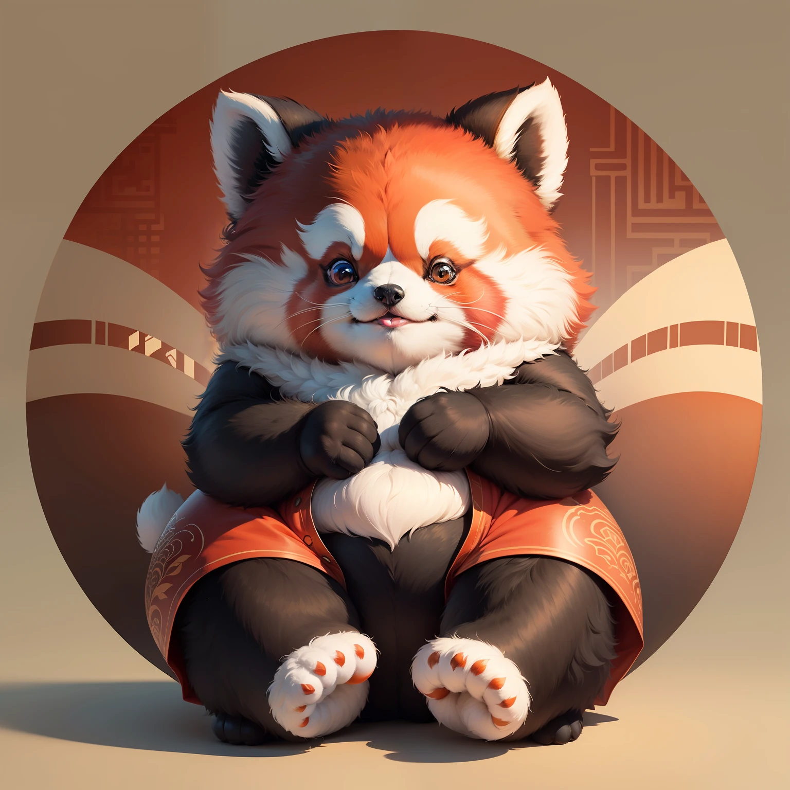 IP image：Red panda bamboo background：Chinese bamboo forest、Chalet character setting：Meek、adolable、Lively character styling：Round the body、Fat pier、Black and white coat color、Round ears、Short and thick hands and feet、Wear bamboo woven clothes