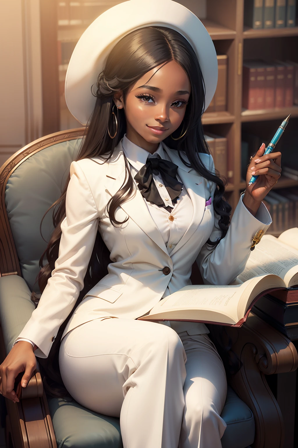 Make a philosopher in white formal clothes suit, Black woman with smile and long hair vectorized inside a library SITTING WRITING WITH PEN IN HAND