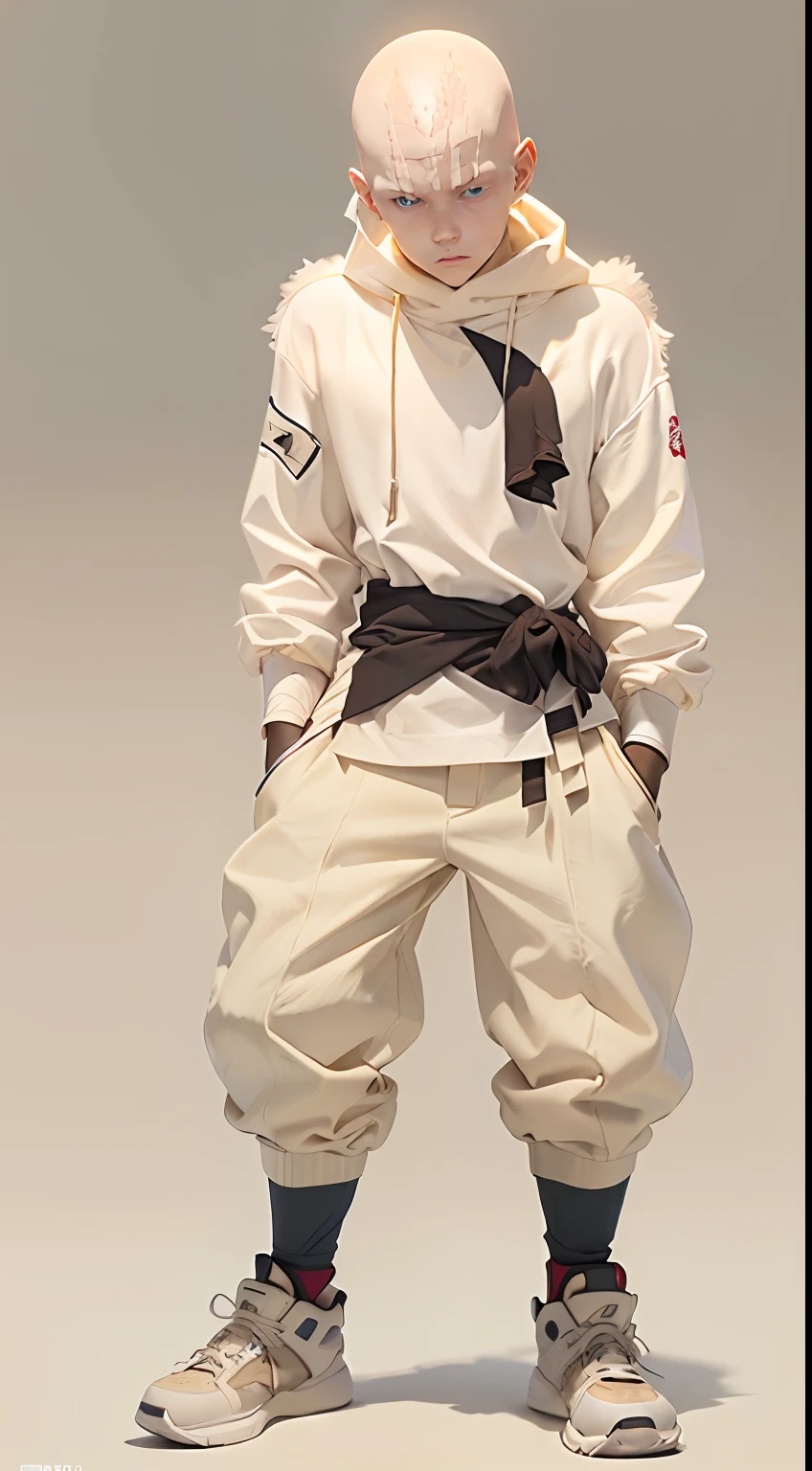 (Character: one albino boy (13 years old), shaved hair, bald, scars, lean body)
(Clothing: beige straightjacket, baige pants)
(Pose: full body shot:1.7, dynamic pose)
(simple background)
