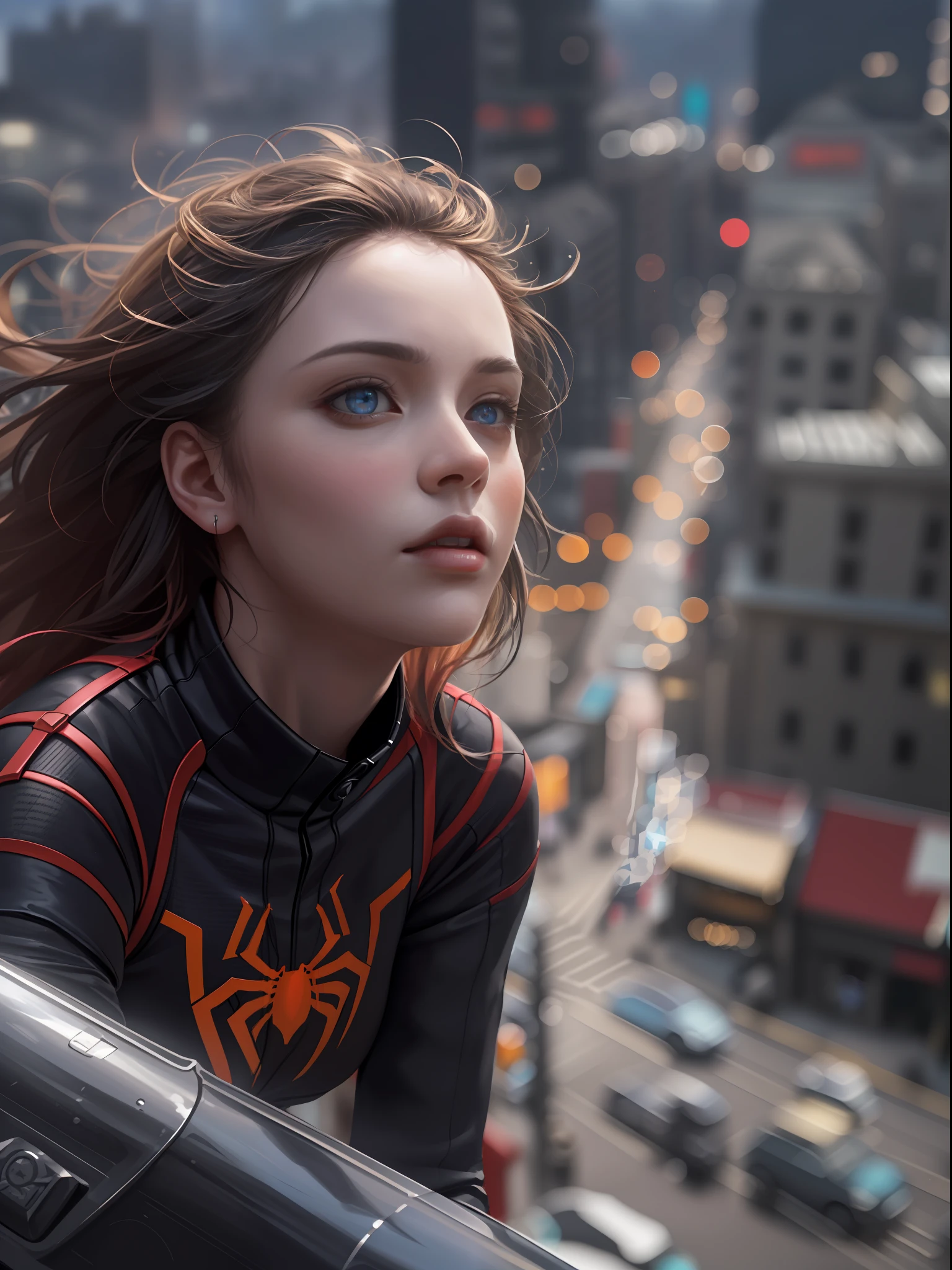 (1girl:1.3), Solo, (((Very detailed face)))), ((Very detailed eyes and face)))), Beautiful detail eyes, Body parts__, Official art, Unified 8k wallpaper, Super detailed, beautiful and beautiful, beautiful, masterpiece, best quality, original, masterpiece, super fine photo, best quality, super high resolution, realistic realism, sunlight, full body portrait, amazing beauty, dynamic pose, delicate face, vibrant eyes, (from the front), She wears Spider-Man suit, red and black color scheme, spider, very detailed city roof background, rooftop, overlooking the city, detailed face, detailed complex busy background, messy, gorgeous, milky white, highly detailed skin, realistic skin details, visible pores, clear focus, volumetric fog, 8k uhd, DSLR, high quality, film grain, fair skin, photo realism, lomography, futuristic dystopian megalopolis, translucent