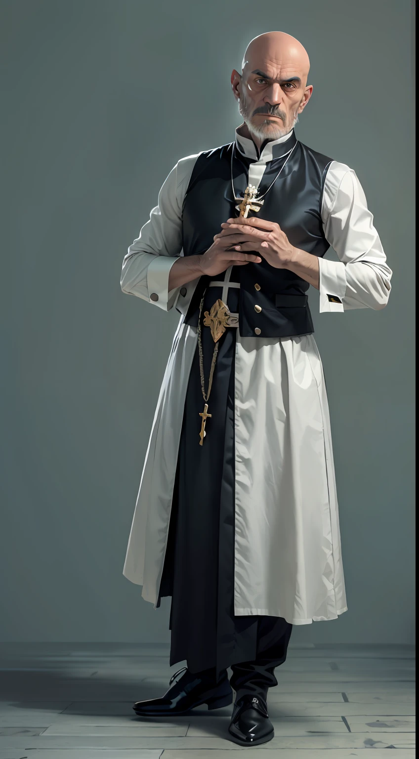 (Character: one italian man, 60 years old, exorcist, serious face, bald)
(Clothing: black Priest's vest, hold a wooden rosary)
(Pose: full body shot:1.7, dynamic pose, perfect face, detailed face)
(simple background)