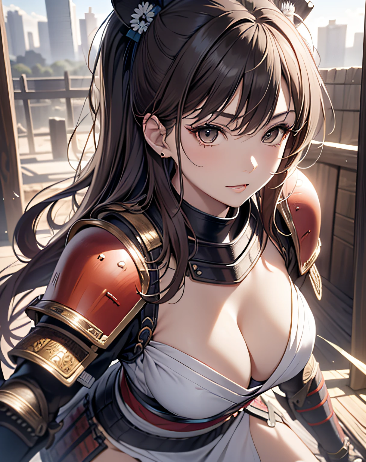 photo realistic, anime style, (8k, RAW photo, best quality, masterpiece:1.2), High detail RAW color photo, professional photograph, cowboy shot, (realistic, photo realistic:1.37),cinematic light, (finery detailed face:1.2), cowboy shot, thigh 1 girl, 18-28 years old, very cute, very beautiful, photo realistic, event companion, BREAK, white skin, real human skin, (detailed face), oval face, pores, ultra high res, BREAK, slim, (medium-large-breast:1.37, cleavage:1.37), (looking straight at viewer with a serene and goddess-like happiness:1.2), (lifter gloss, eyelashes, gloss-face, best quality, ultra highres, Broad lighting, natural shading), (beautiful thin long hair, pony-tail:1.3, brown hair), dynamic pose, fighting stance, BREAK, 1 woman, elegant beauty, radiant skin, (Maeda Keiji costume:1.3), (warring-states-era:1.4), solo, (eccentric-fashion:1.2), (tiger-pattern-accent:1.3) (samurai-armor:1.5), detailed traditional clothing, (style-sengoku:1.3), detailed face expression, (style-dynamic:0.8), standing pose, holding katana, determined expression, (background: battlefield), (style-battle-ready:0.9), historical atmosphere, armor details, detailed background, (style-wafuku:0.9), powerful aura,