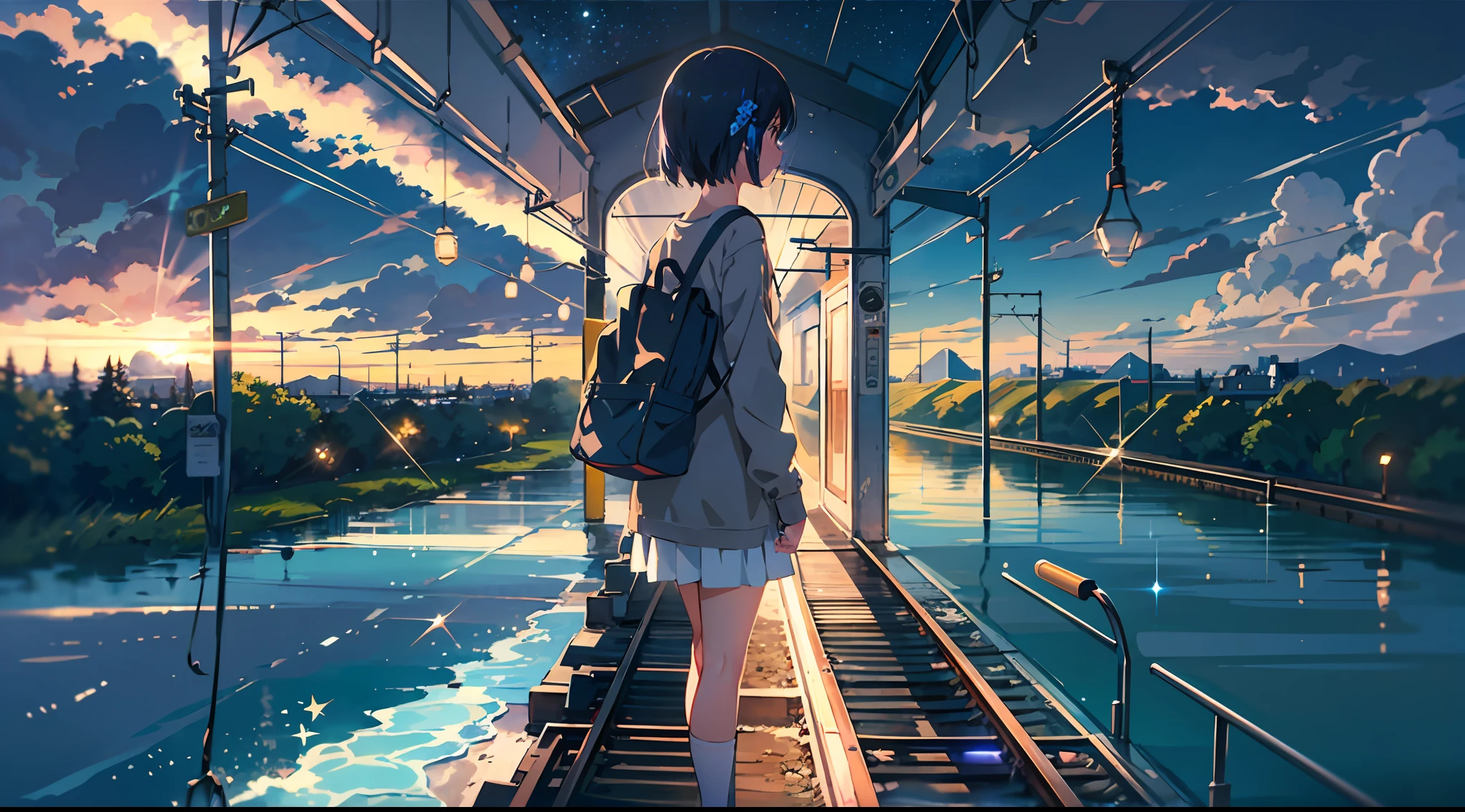 High quality masterpiece, landscape, anime train passing through bodies of water on tracks, bright starry sky. Romantic train, pixiv, concept art, lofi art style, reflection. by Makoto Shinkai, lofi art, Beautiful anime scene, Anime landscape, detailed scenery —width 672, in style of Makoto shinkai, style of Makoto shinkai, enhanced details.