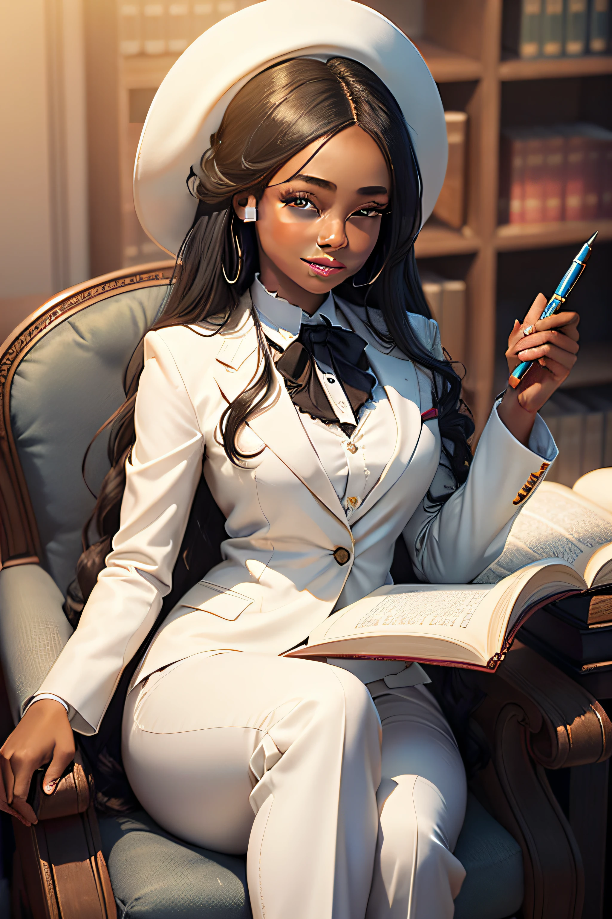 Make a philosopher in white formal clothes suit, Black woman with smile and long hair vectorized inside a library SITTING WRITING WITH PEN IN HAND