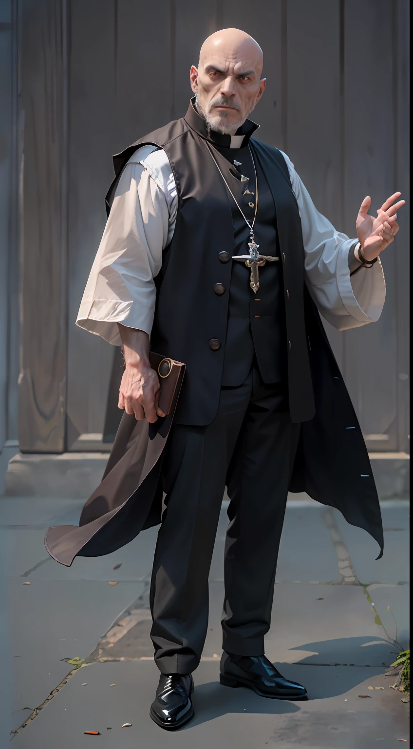 (Character: one italian man, 60 years old, exorcist, serious face, bald)
(Clothing: black Priest's vest, hold a wooden rosary)
(Pose: full body shot:1.7, dynamic pose, perfect proportions, detailed face)
(simple background)