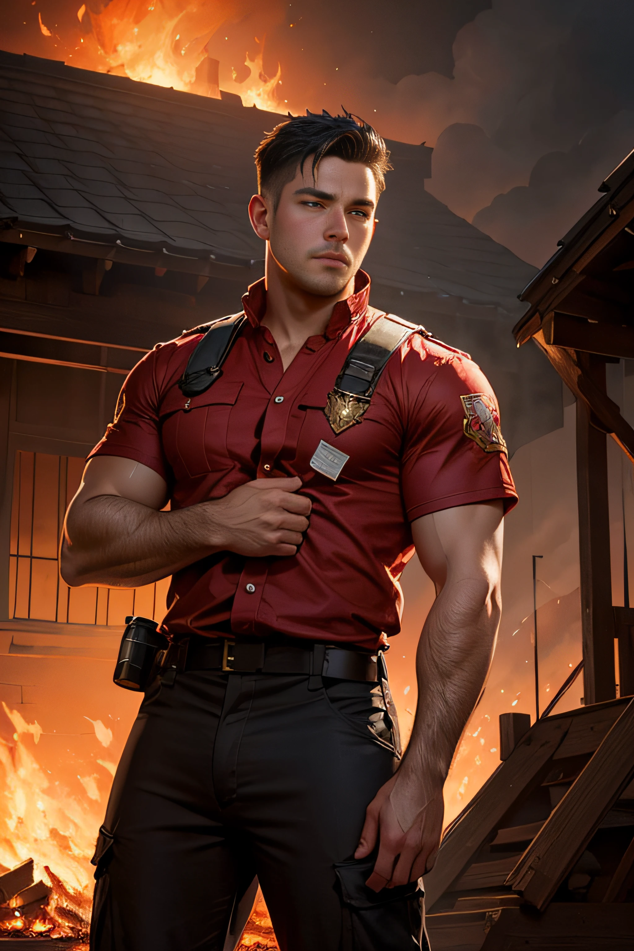 An exhausted young fireman standing in front of burning house, red flames, highly detailed, digital painting, artstation, concept art, smooth, sharp focus, illustration, art by artgerm and greg rutkowski and alphonse mucha