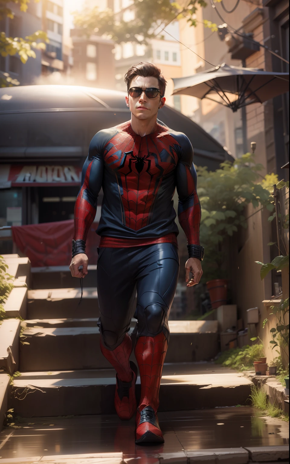 Spiderman suit, Realistic,haircut, marvel theme, building background, sunglasses,