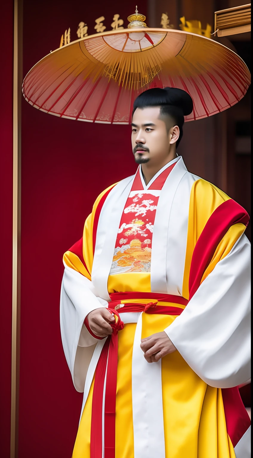 Masterpiece, Highest quality, (solofocus),, (High detail: 1.1),dojo,Red and yellow robes,The male, Man, chinese crown, 1人,and white hair,超高分辨率 , Detailed background, realisticlying, wearing a detailed and intricate xianxia antique outfit