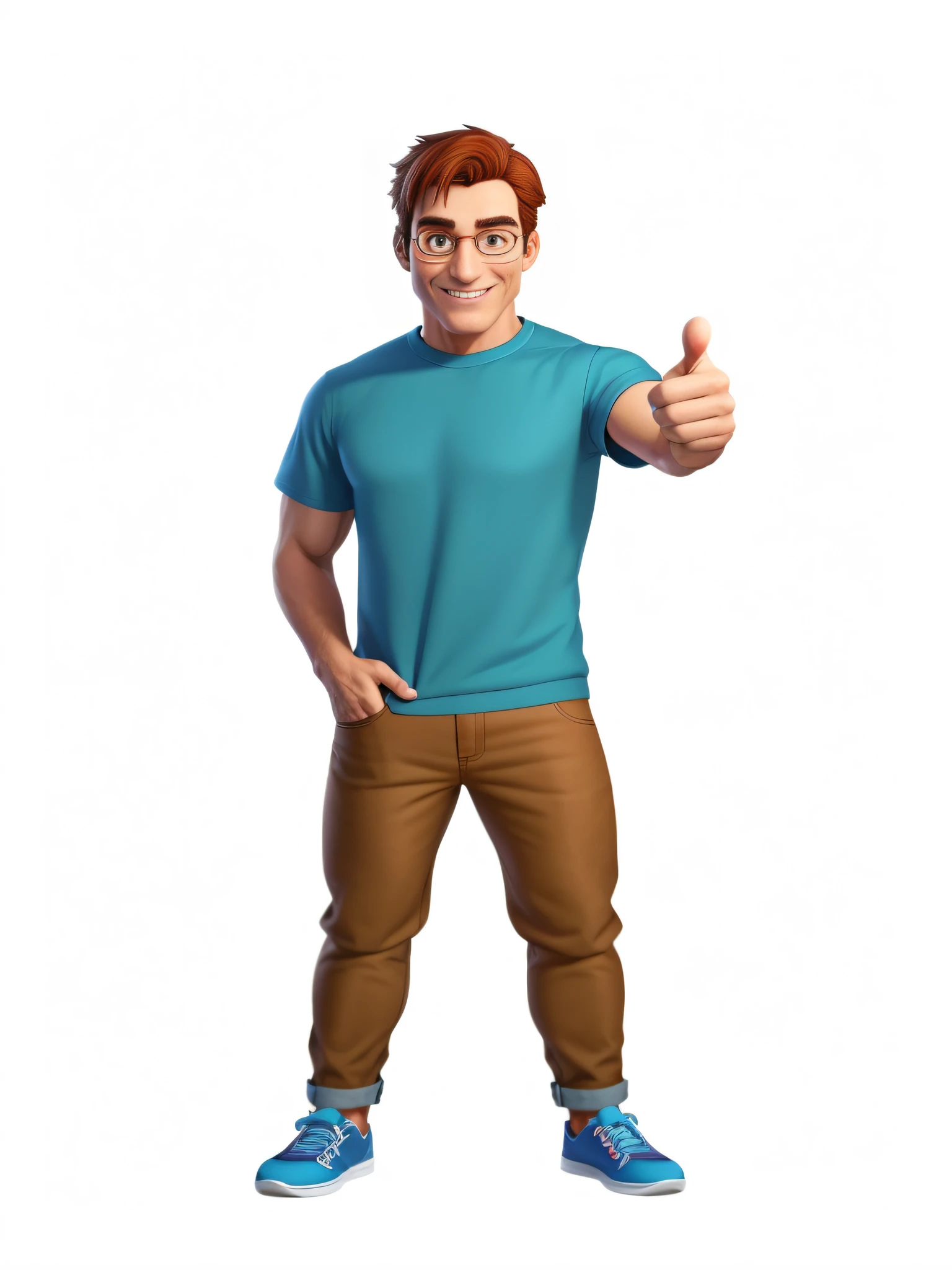 A cartoon man in a blue shirt and brown pants giving a thumbs up, Personagem altamente detalhado, 3 d render de jerma 9 8 5, Pose de personagem, personagem masculino, Arnold render, full body single character, animation character, character render, personagem do jogo, Personagem de corpo inteiro, single character full body, Caractere estilizado, Caractere detalhado, arte oficial do personagem, Arnold Maya render