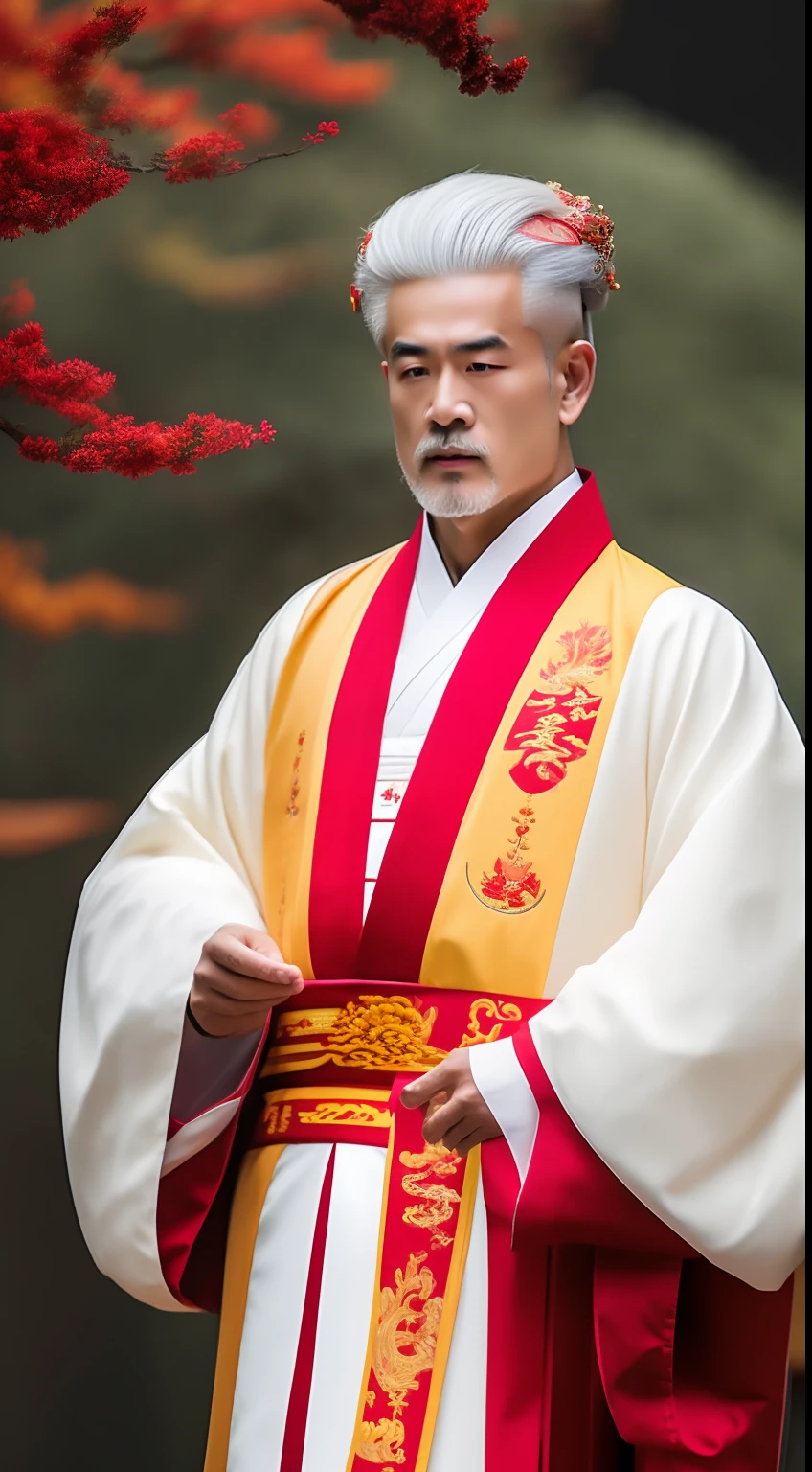 Masterpiece, Highest quality, (solofocus),, (High detail: 1.1),dojo,Red and yellow robes,The male, Man, chinese crown, 1人,and white hair,超高分辨率 , Detailed background, realisticlying, wearing a detailed and intricate xianxia antique outfit